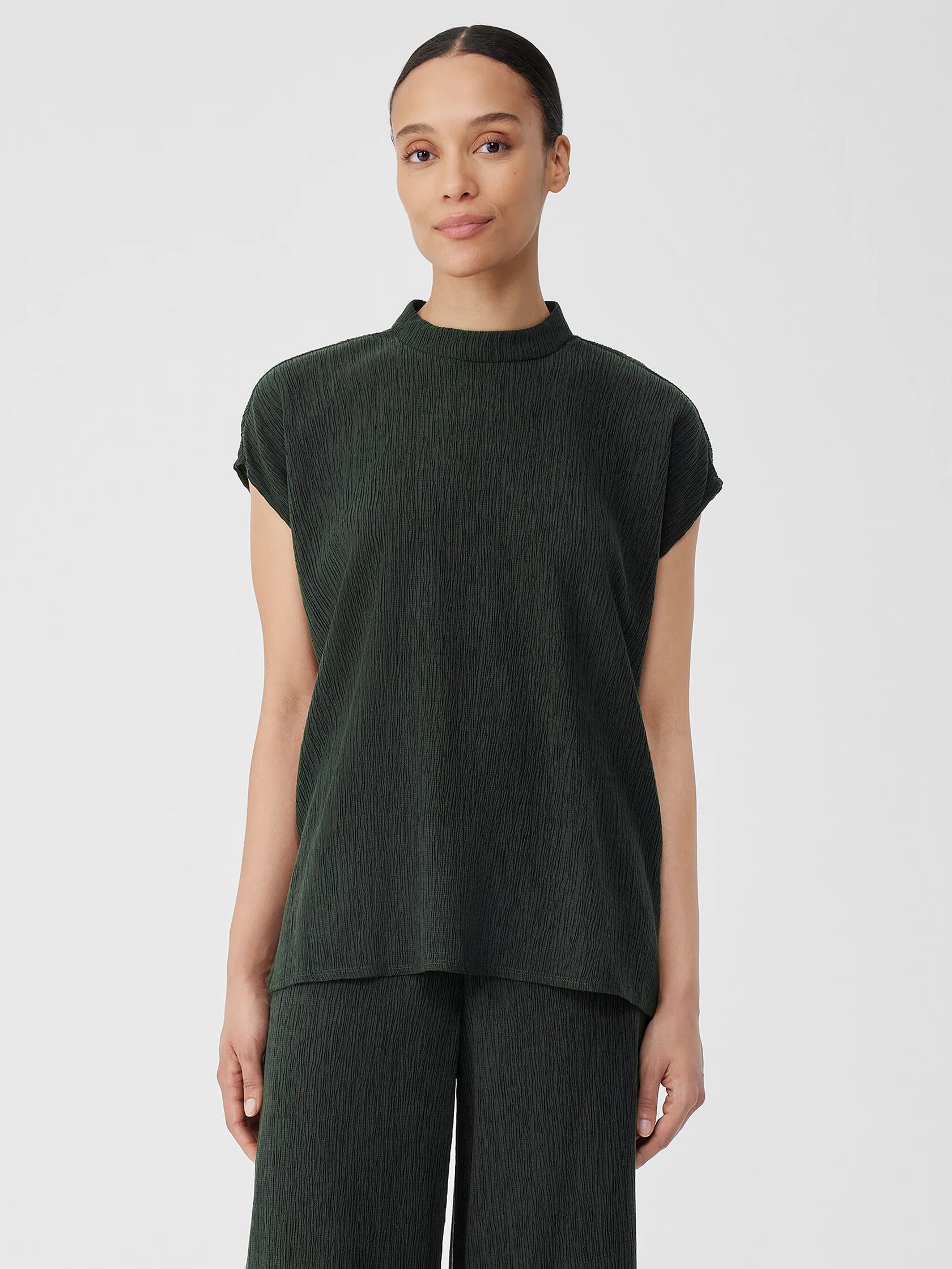 Woven Plissé Mock Neck Top