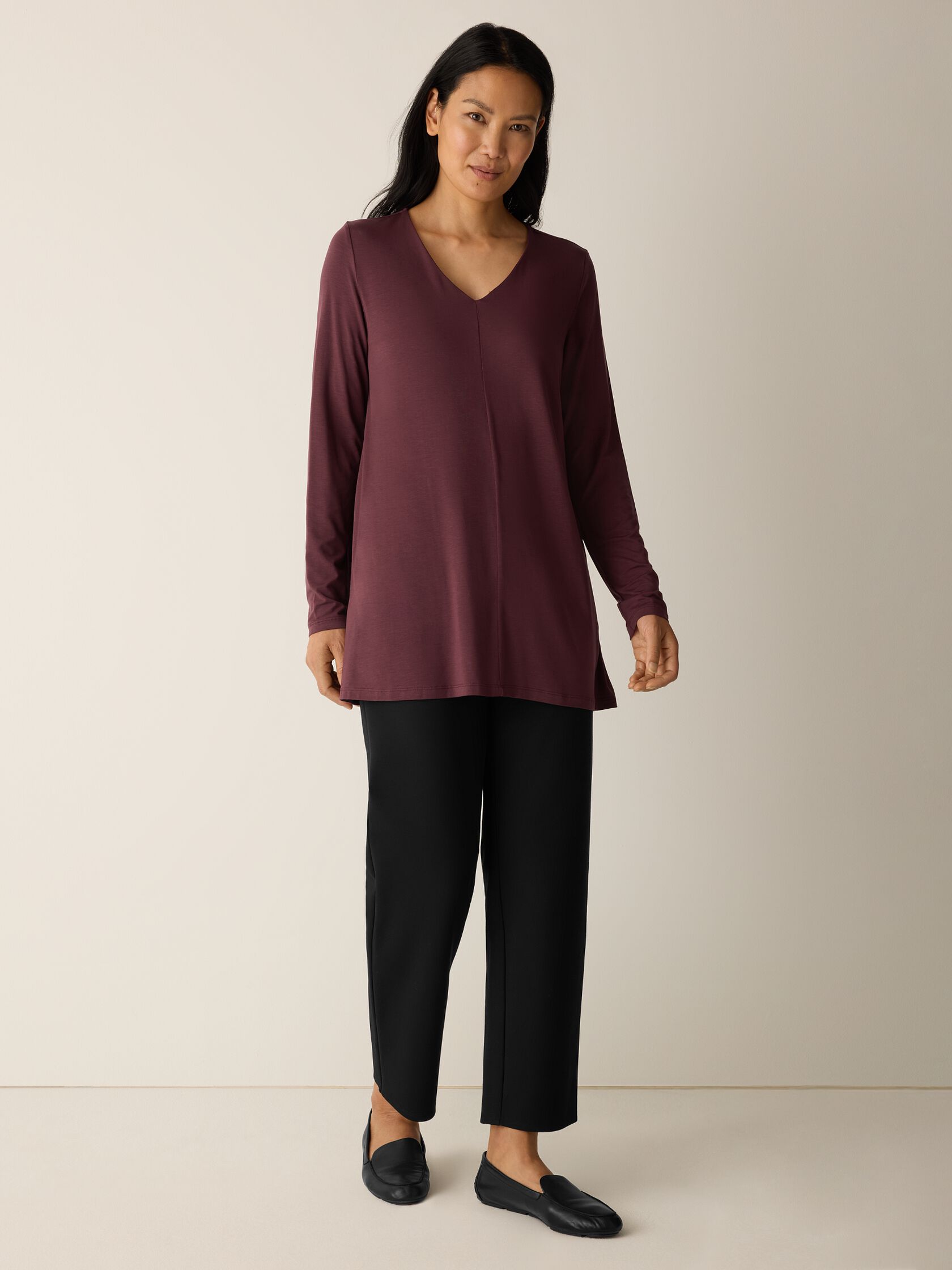 Fine Stretch Jersey Knit V-Neck Long Top