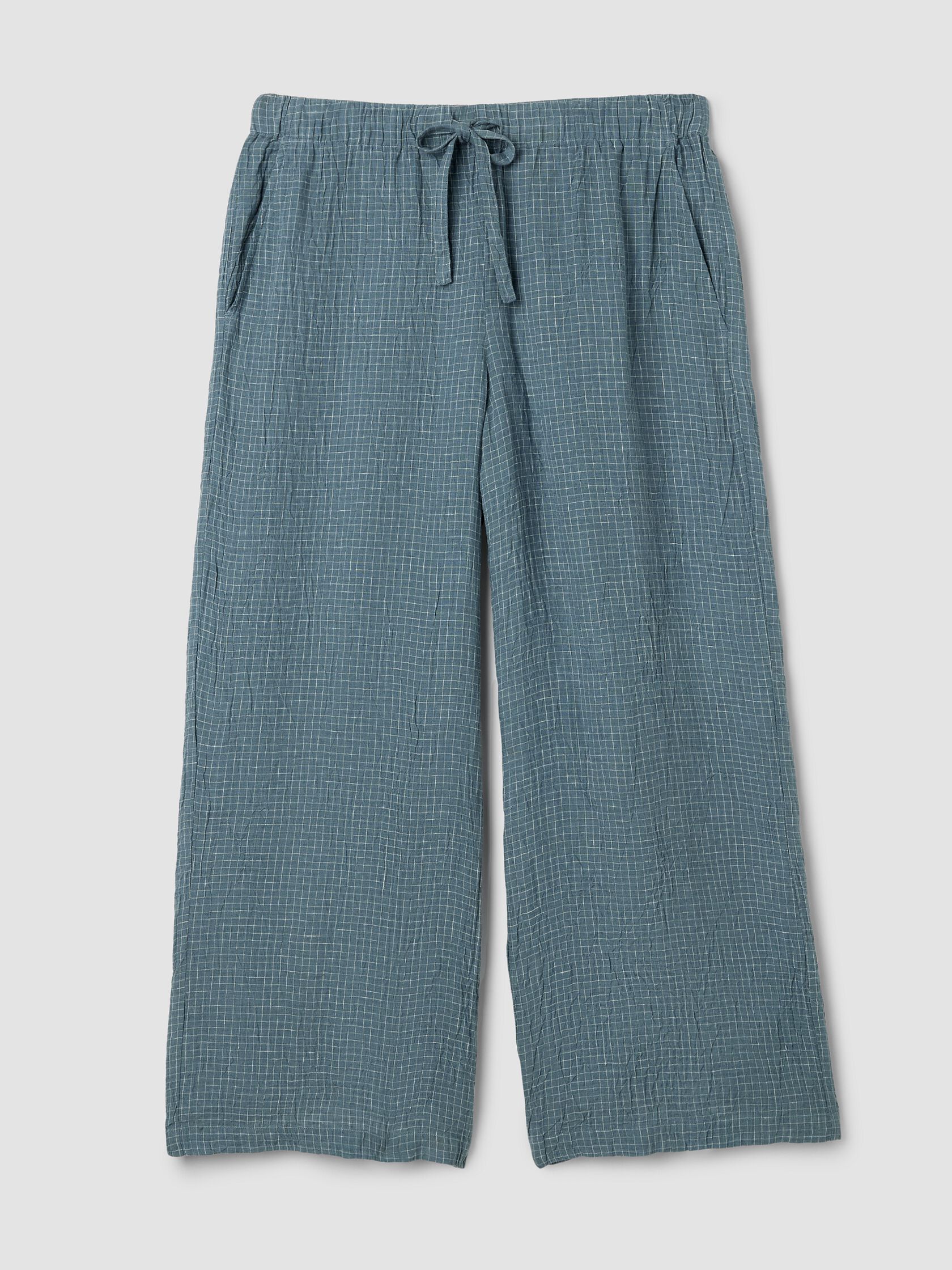 Puckered Organic Linen Grid Wide-Leg Pant