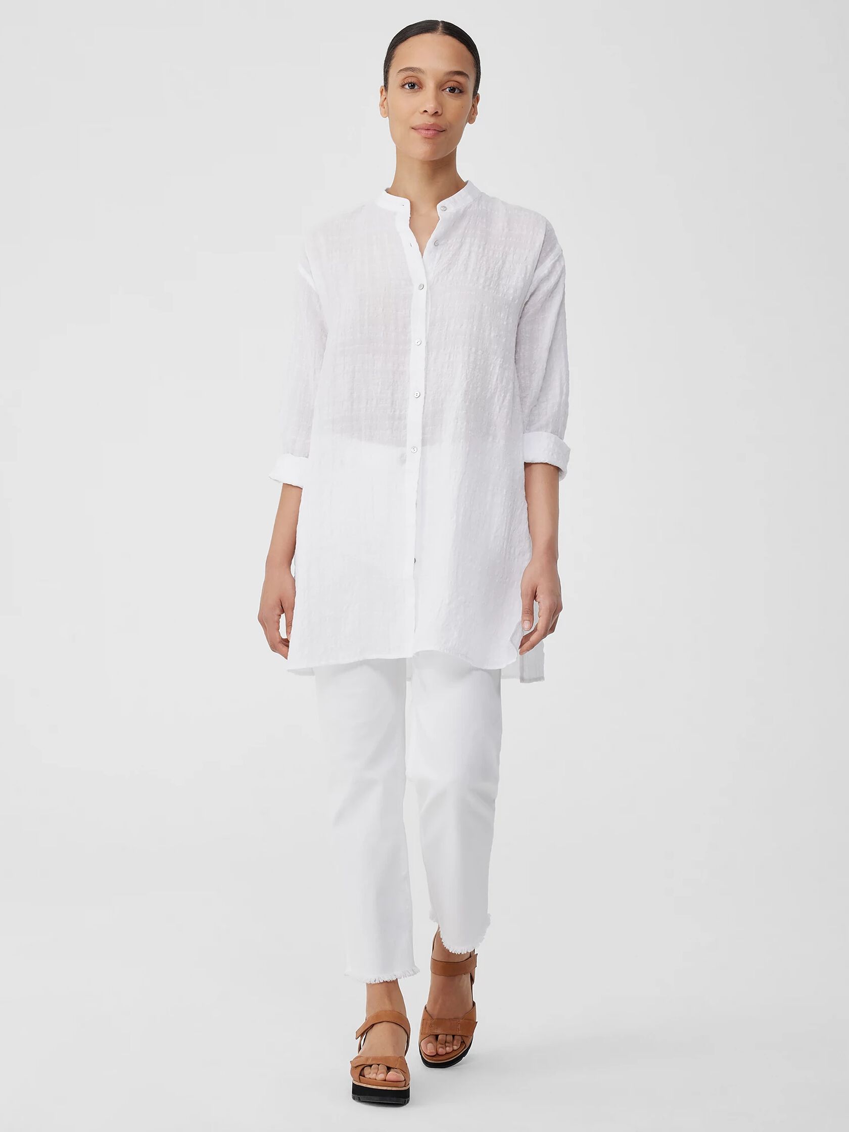Linen Cotton Sheer Check Mandarin Collar Long Shirt