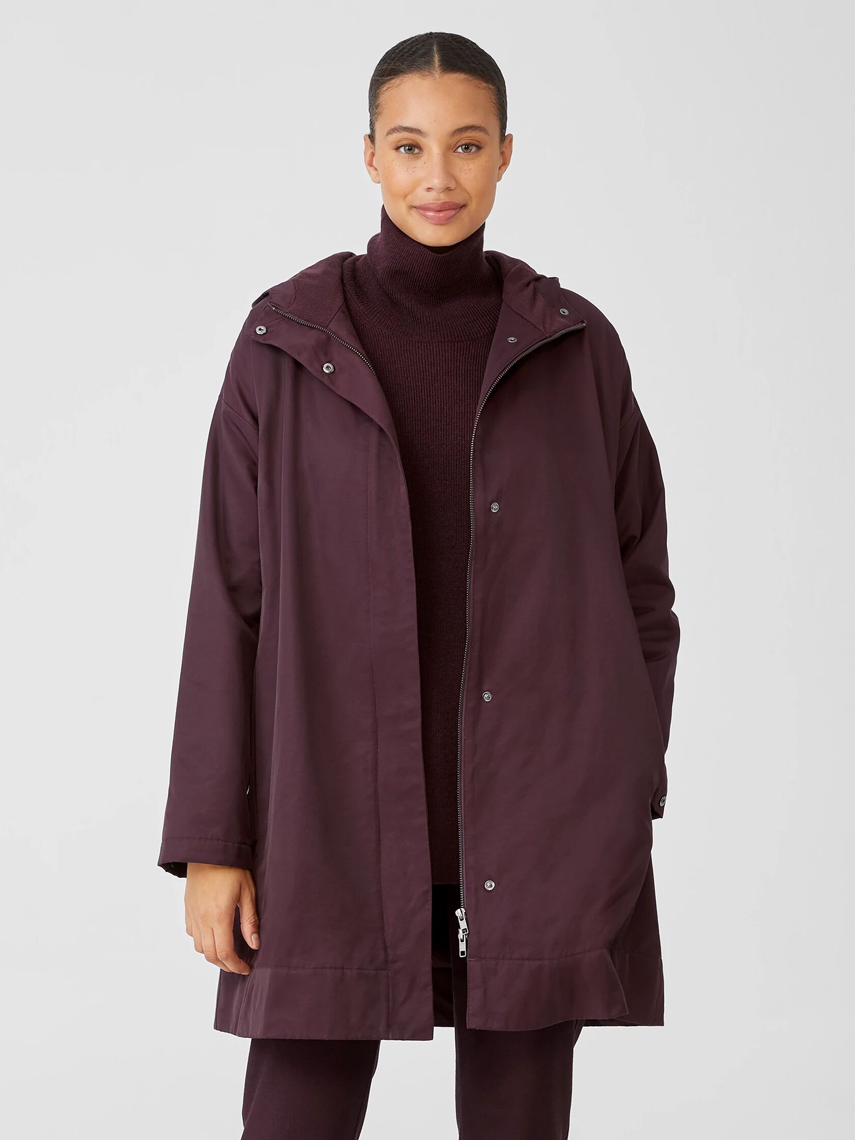 Organic Cotton Nylon Hooded Long Jacket | EILEEN FISHER