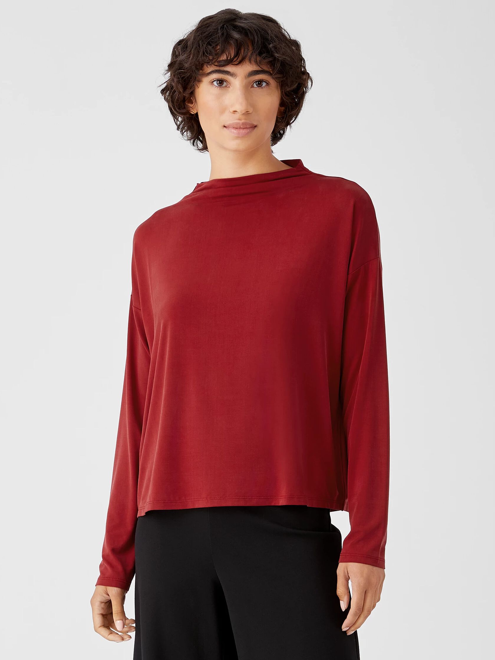 Sueded Cupro Knit Funnel Neck Box-Top