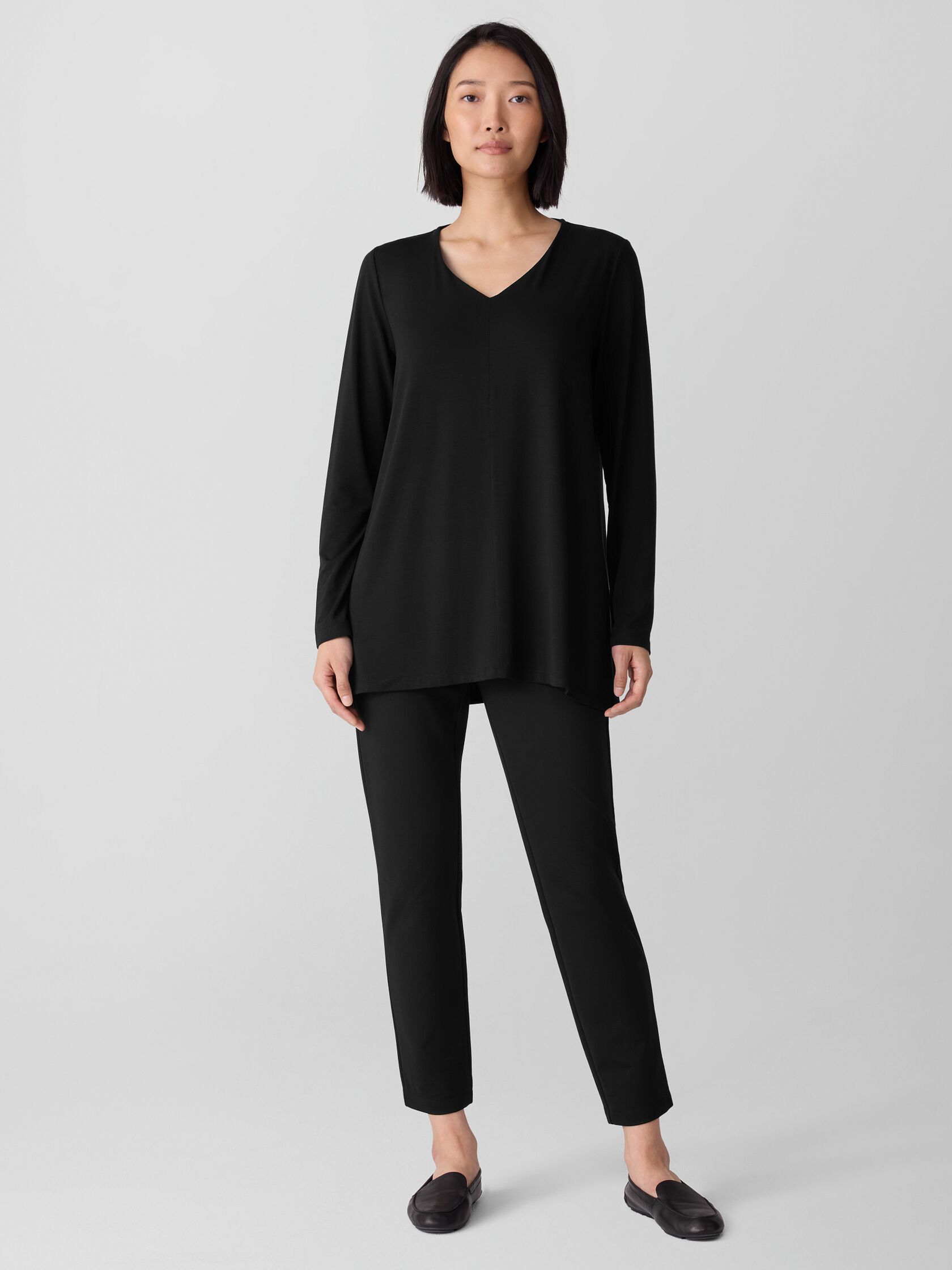 Fine Stretch Jersey Knit V-Neck Long Top