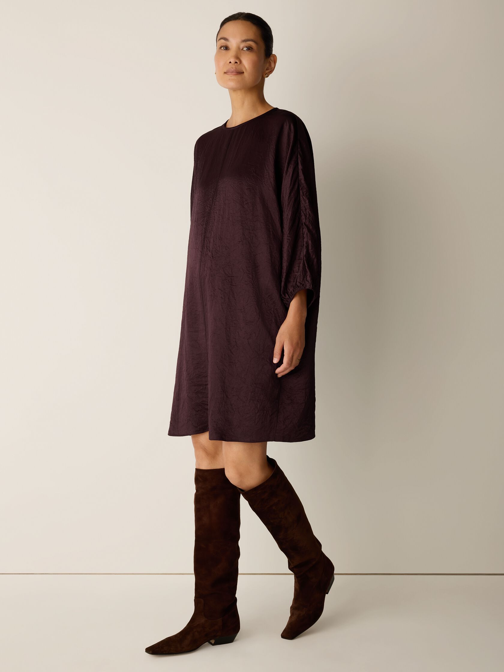 Textured Satin Round Neck Dolman-Sleeve Dress