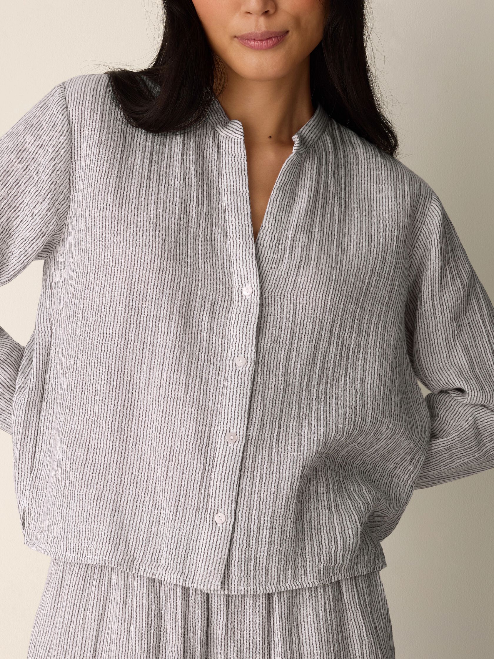 Striped Organic Cotton Gauze Band Collar Shirt