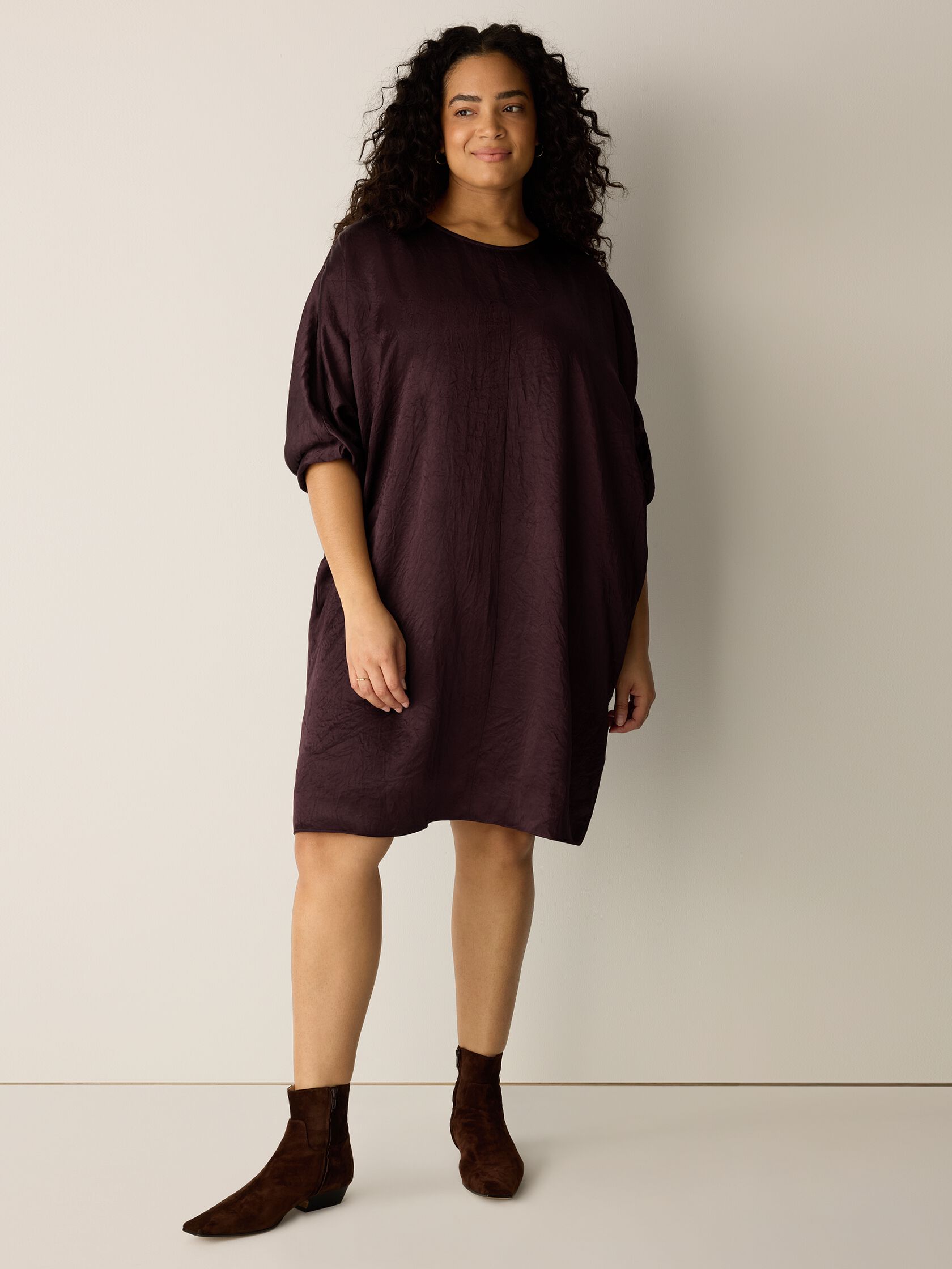 Textured Satin Round Neck Dolman-Sleeve Dress
