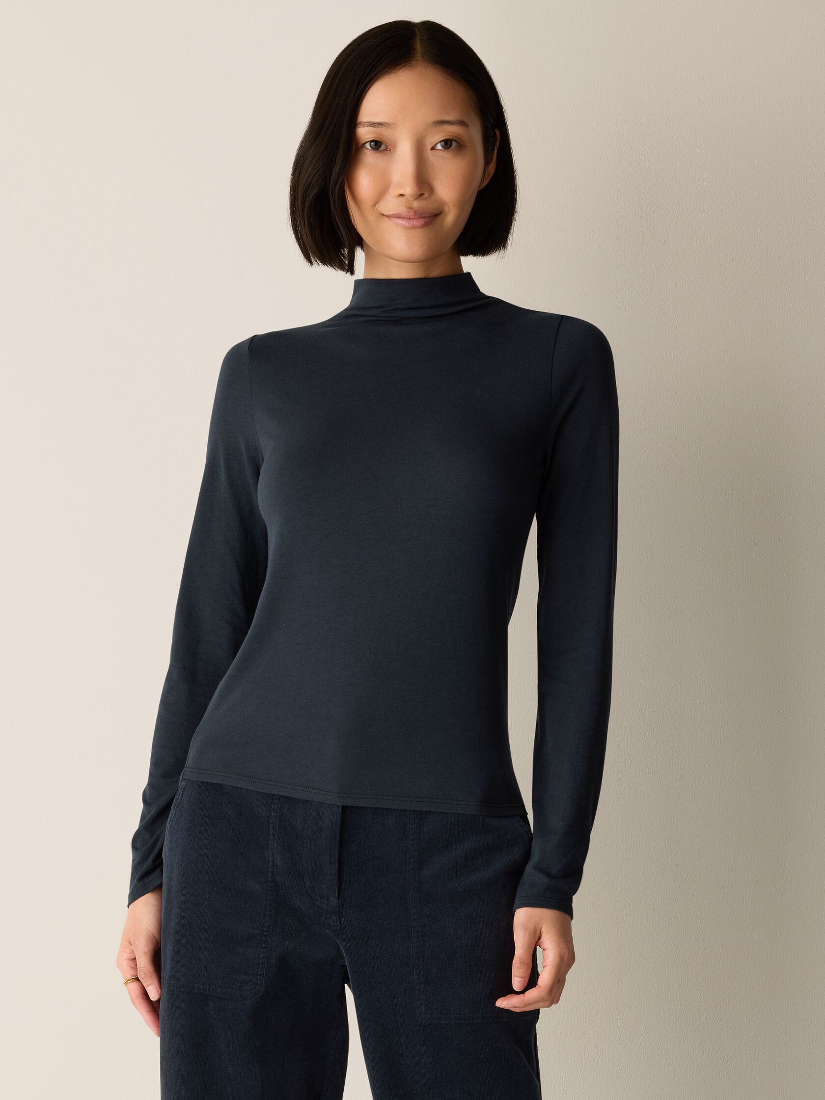 Sheer Cotton Blend Knit Funnel Neck Top