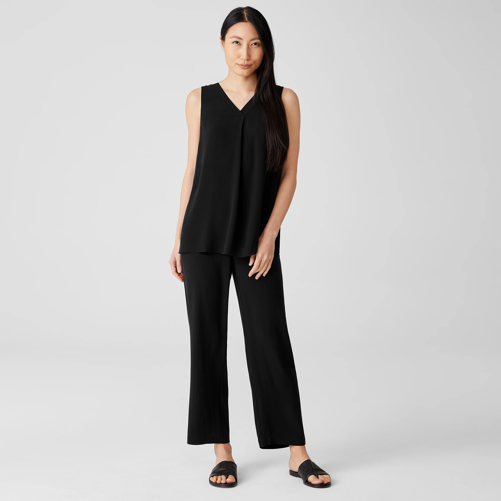 1X $298 NEW EILEEN FISHER BLACK SILK GEORGETTE CREPE DRAWSTRING CROPPED PANTS 