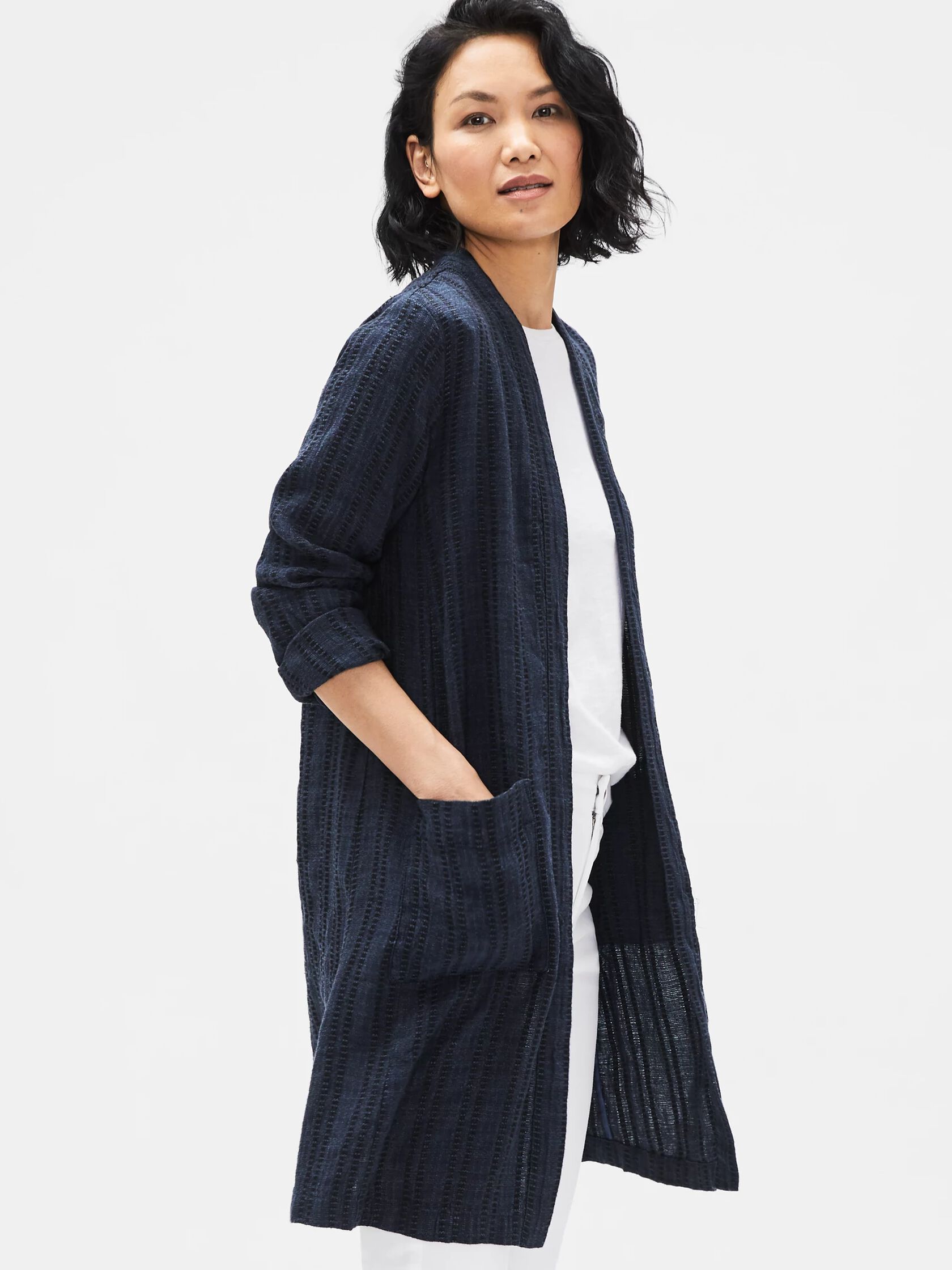Textured Organic Linen Stripe Long Jacket
