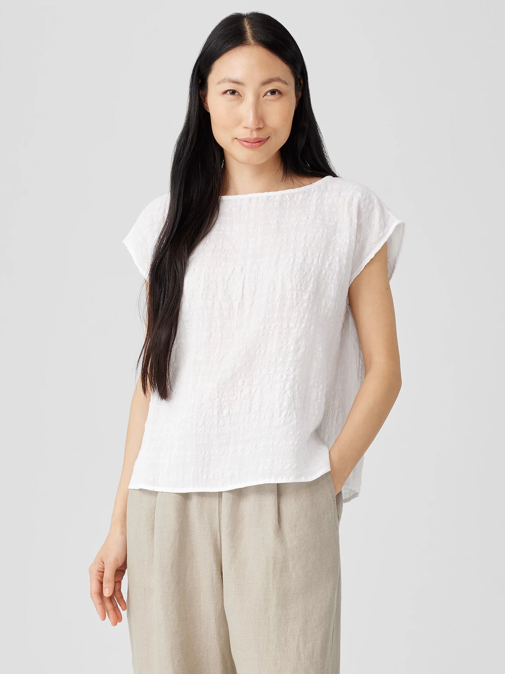 Linen Cotton Sheer Check Shirred-Back Top