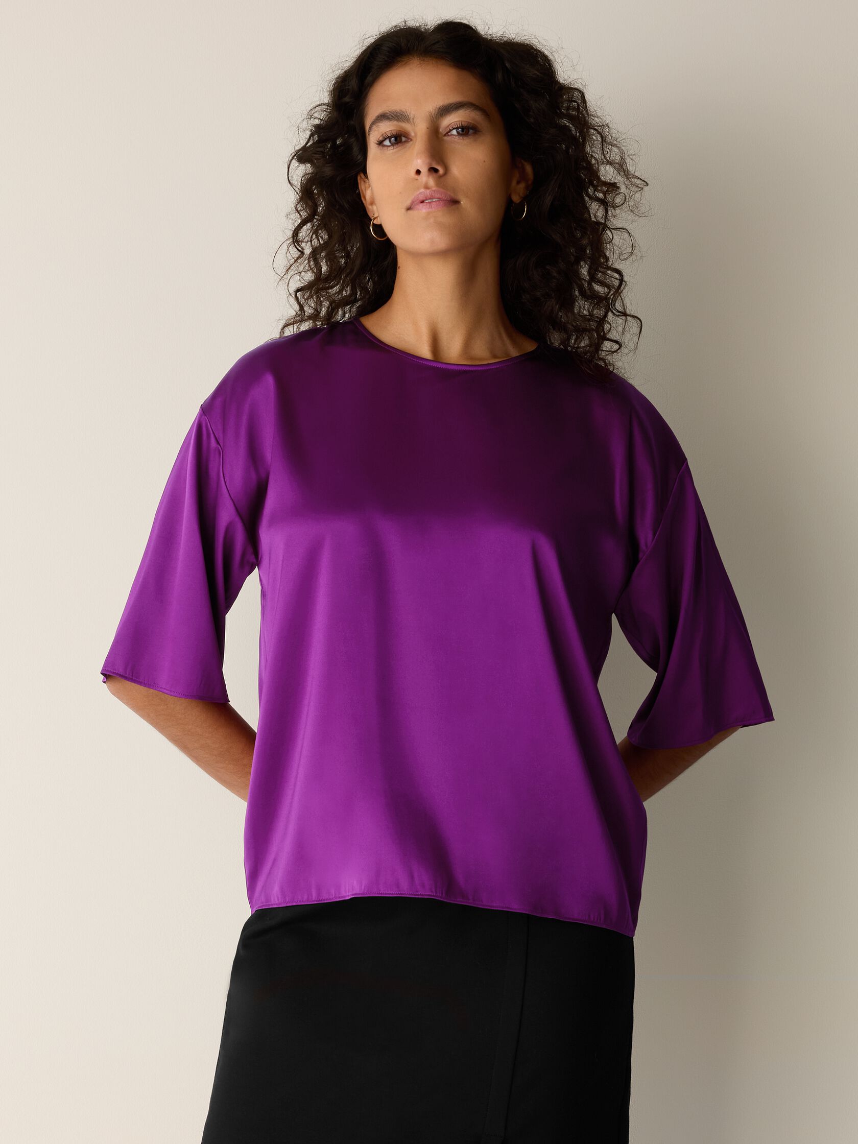 Stretch Silk Charmeuse Round Neck Top
