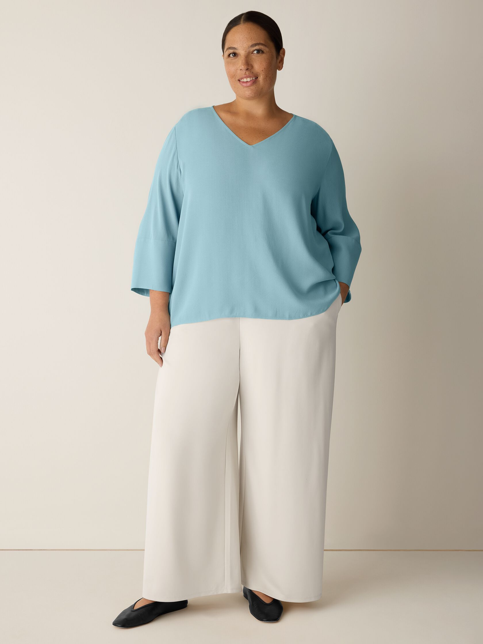 Silk Georgette Crepe V-Neck Top