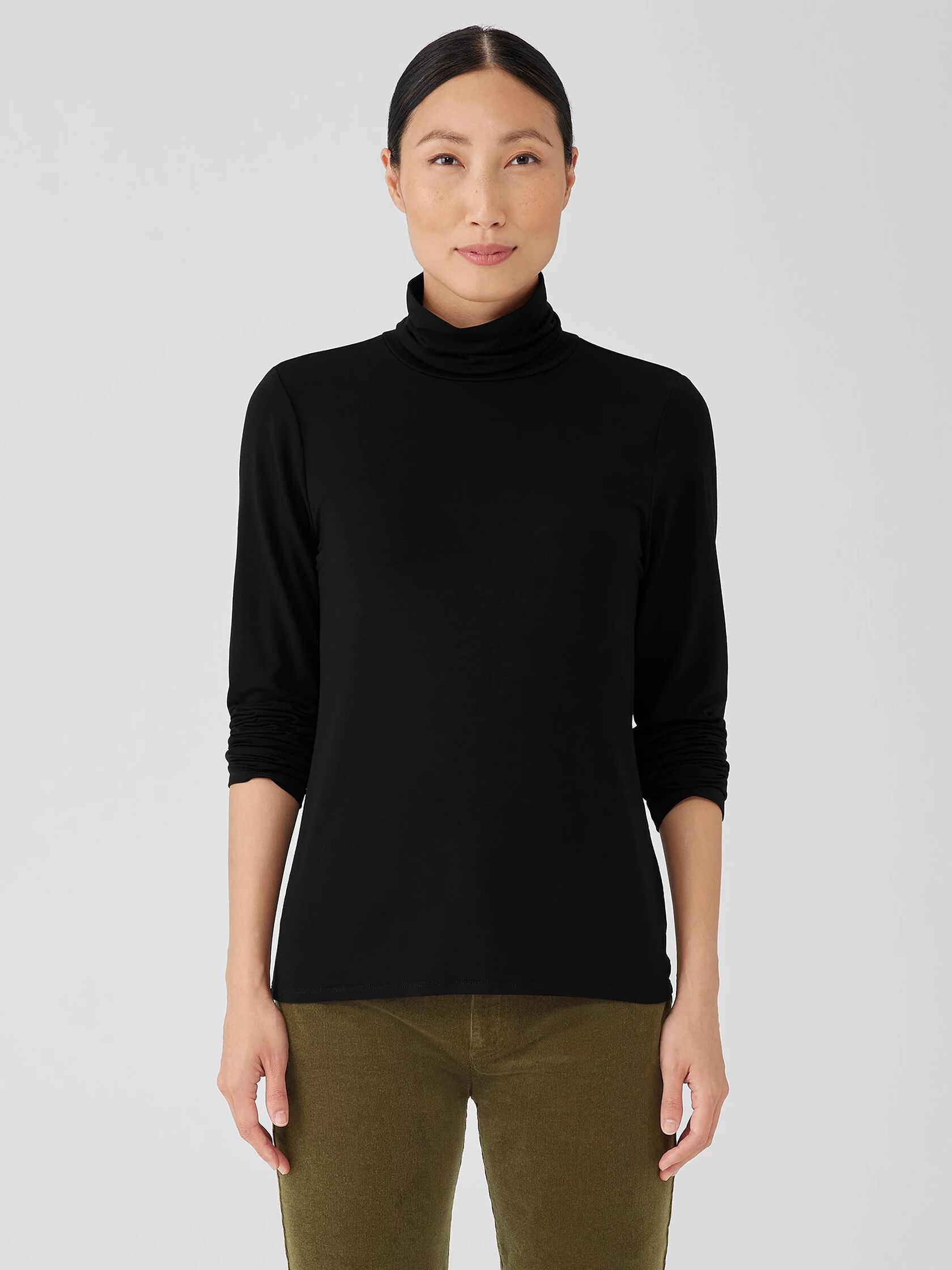 Ribbed Pima Cotton Blend Turtleneck Top