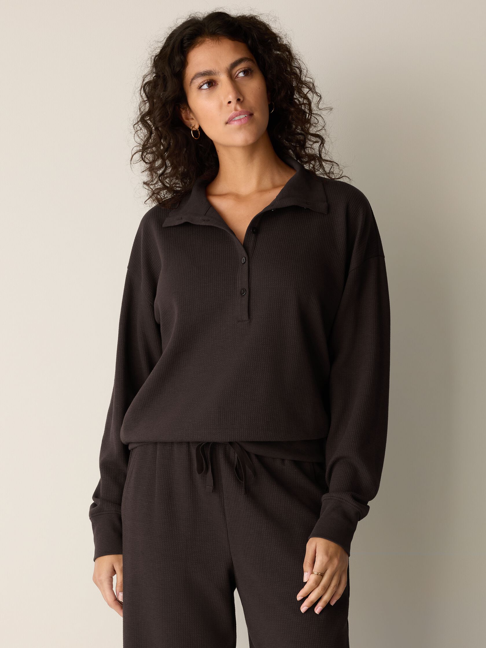 Waffle Cotton Blend Doubleknit High Collar Henley Top