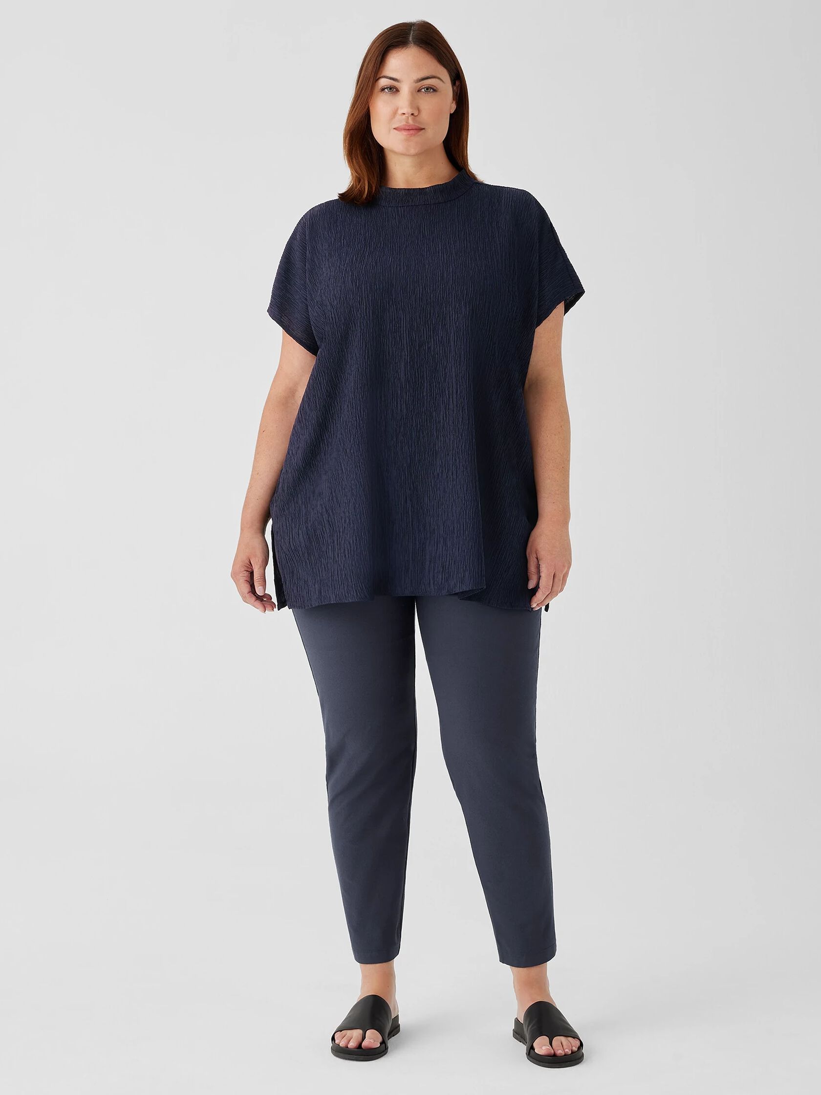 Woven Plissé Mock Neck Top