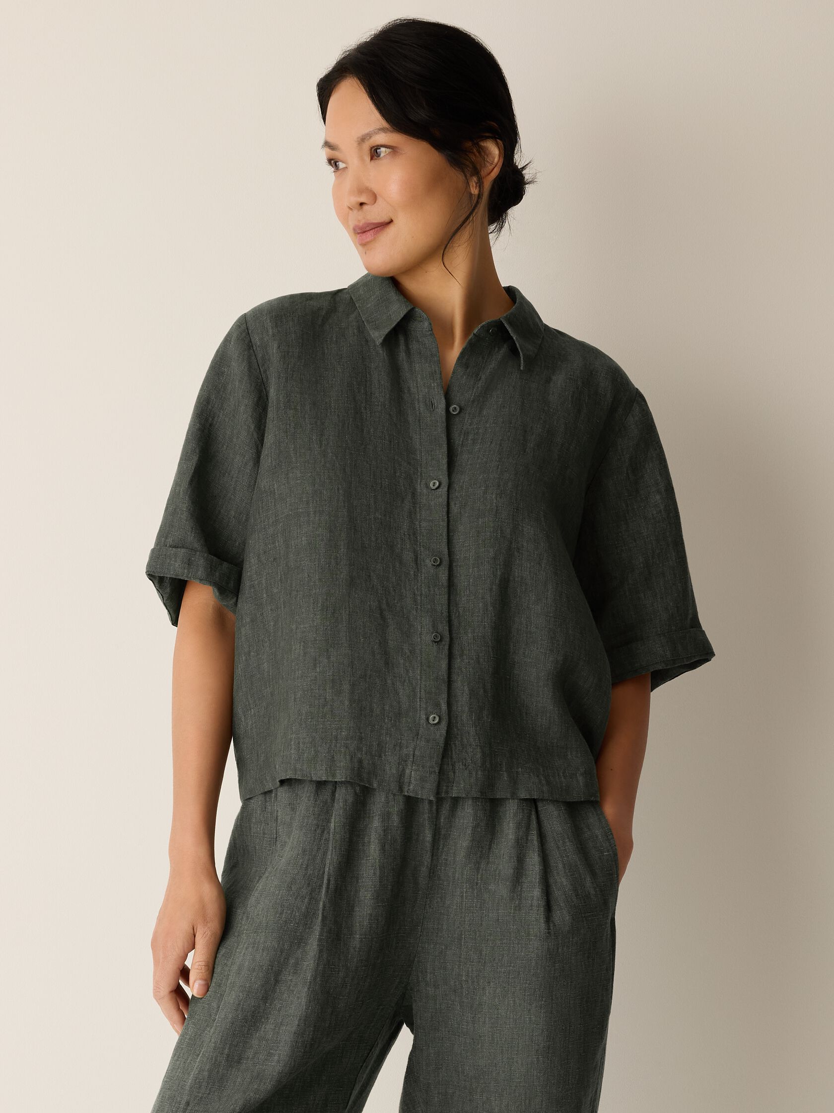 Washed Organic Linen Délavé Elbow-Sleeve Top