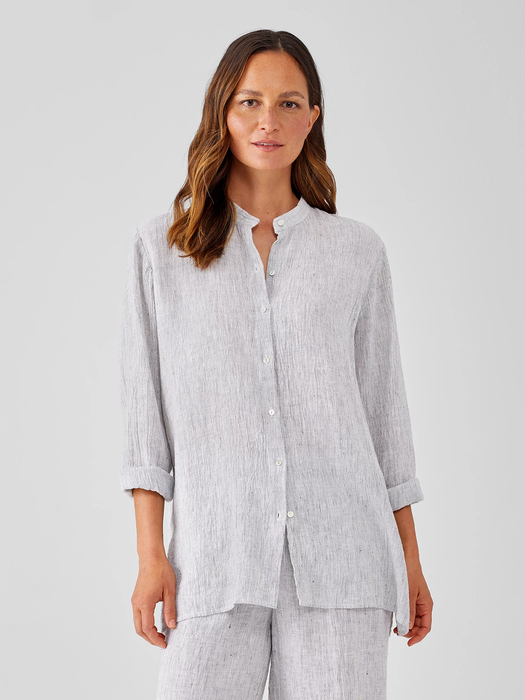 Striped Organic Linen Crinkle Mandarin Collar Shirt