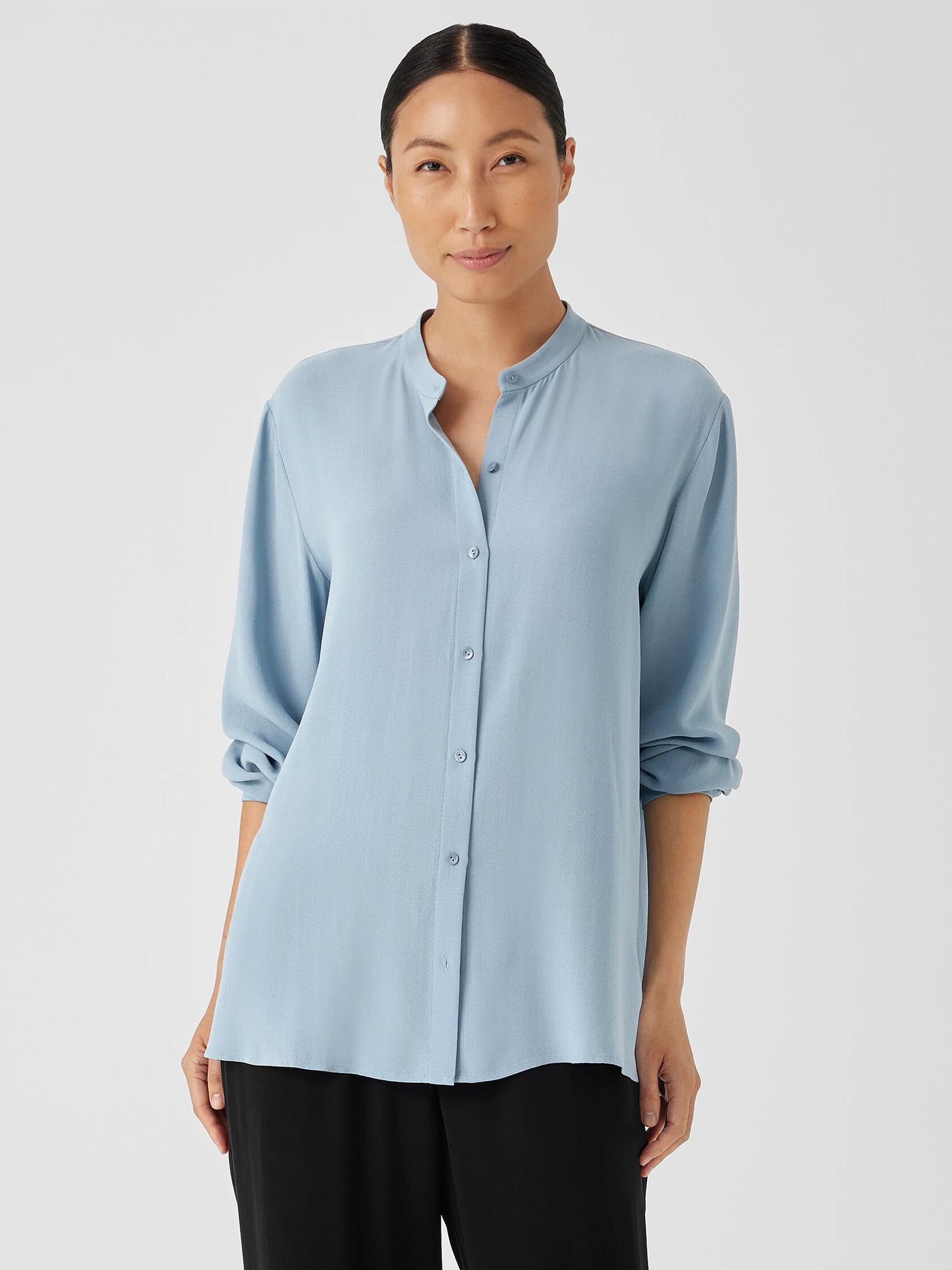 Silk Georgette Crepe Mandarin Collar Shirt