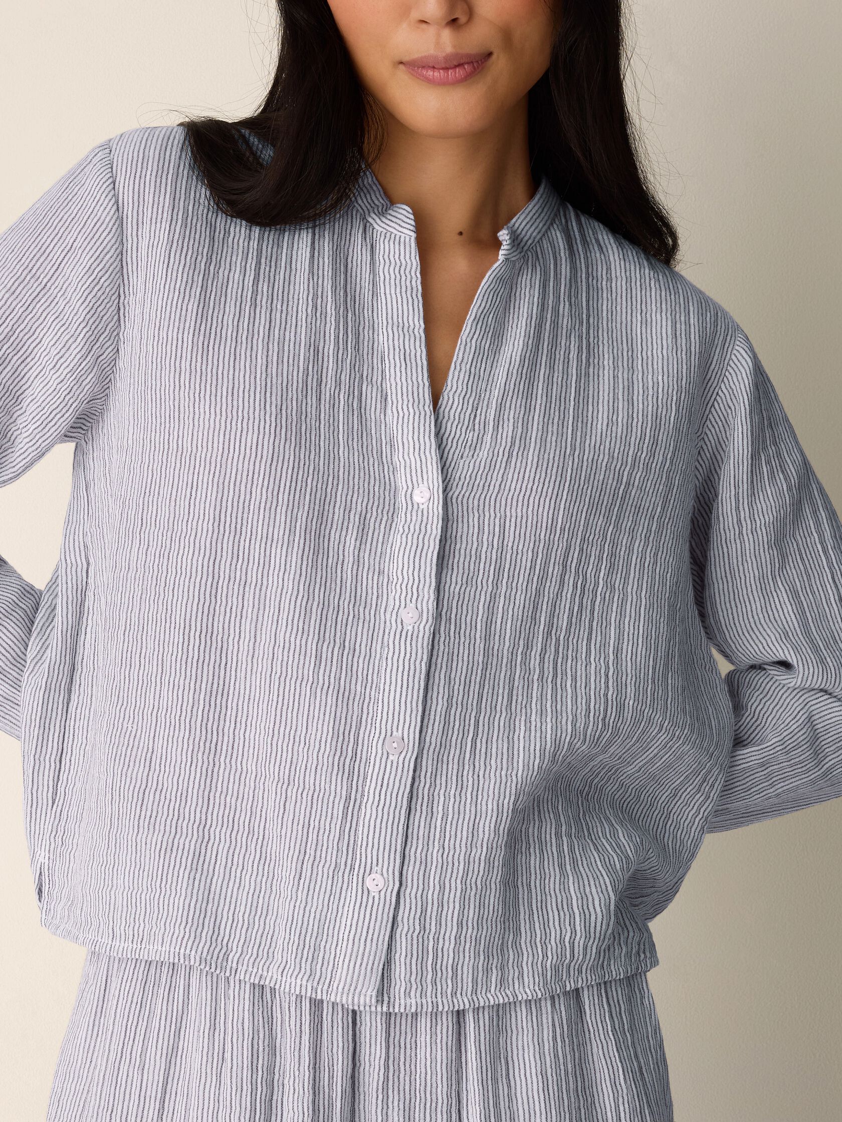 Striped Organic Cotton Gauze Band Collar Shirt
