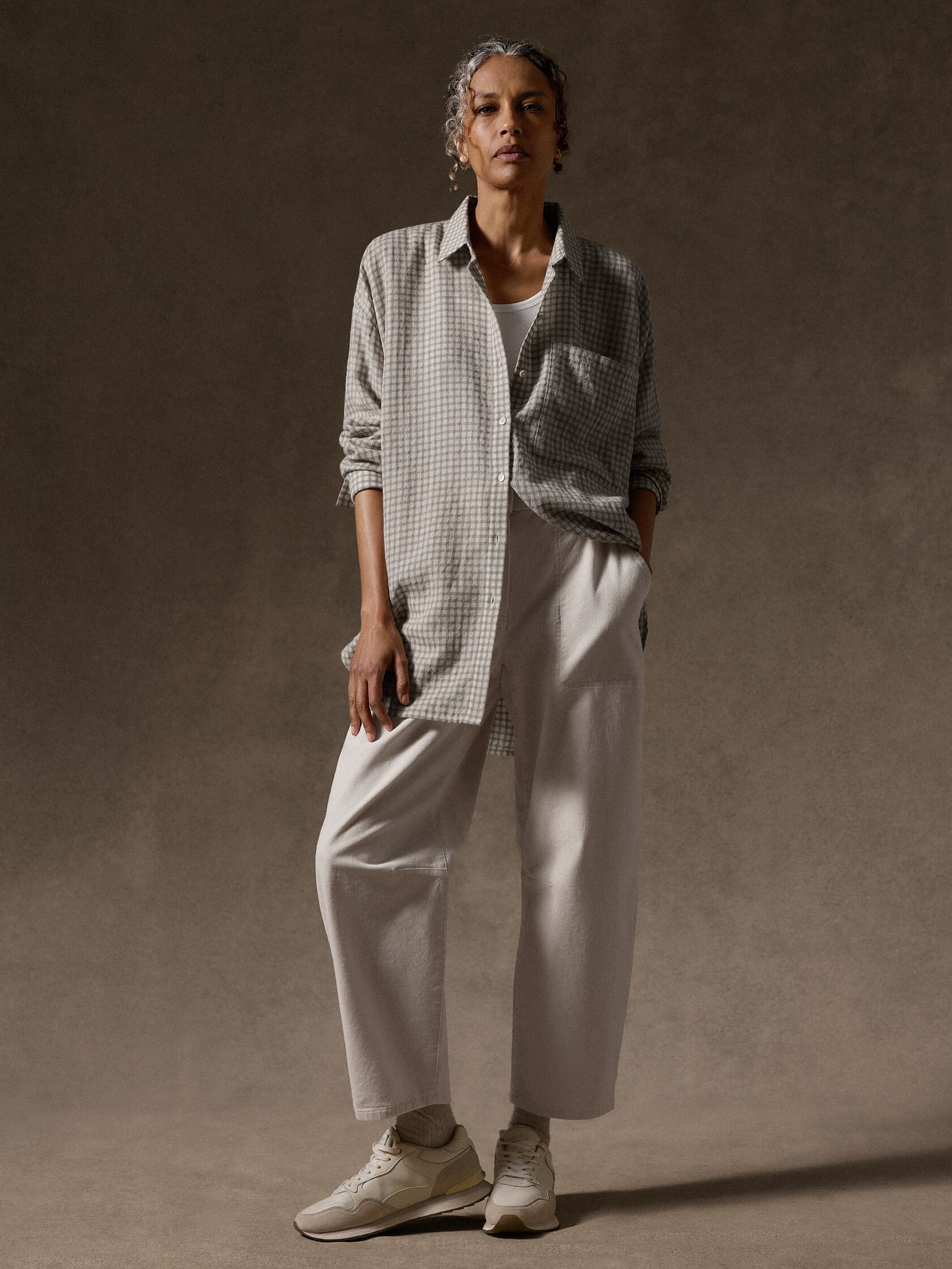 Wool Cotton Check Classic Collar Long Shirt