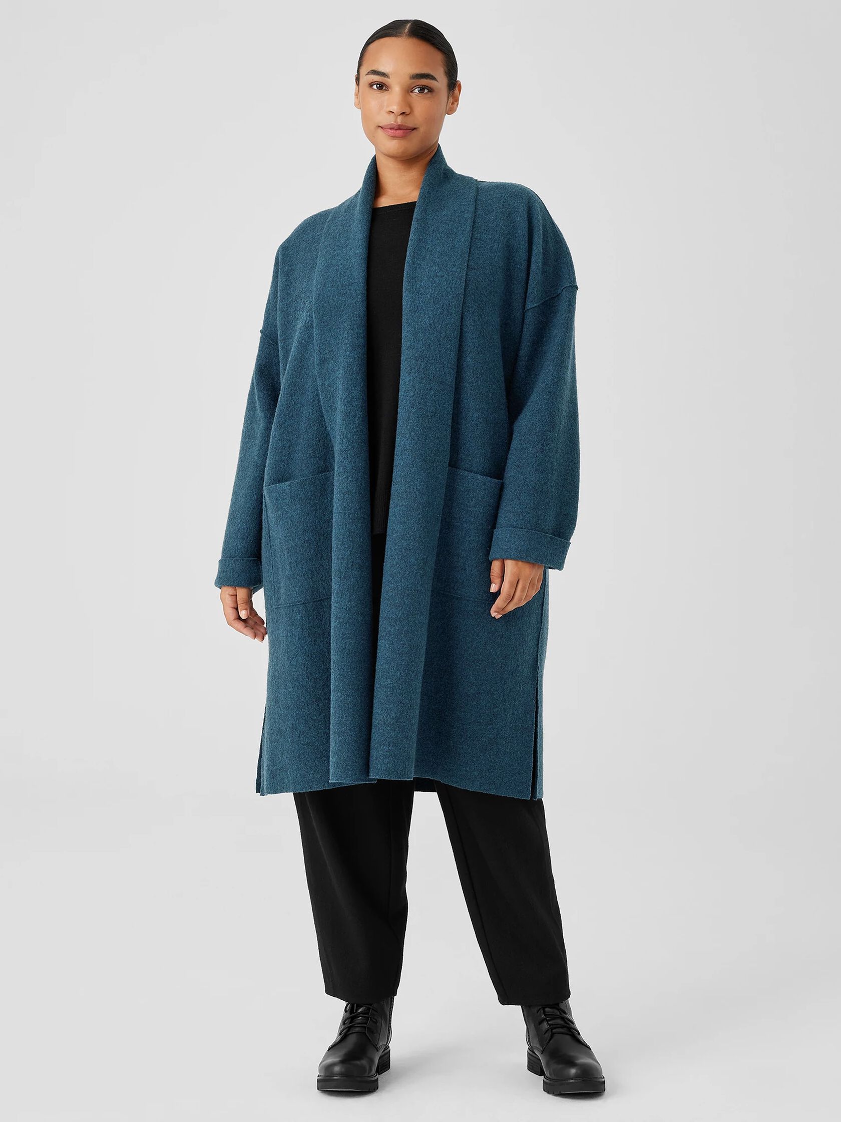 Lightweight Boiled Wool High Collar Coat in Regenerative Wool