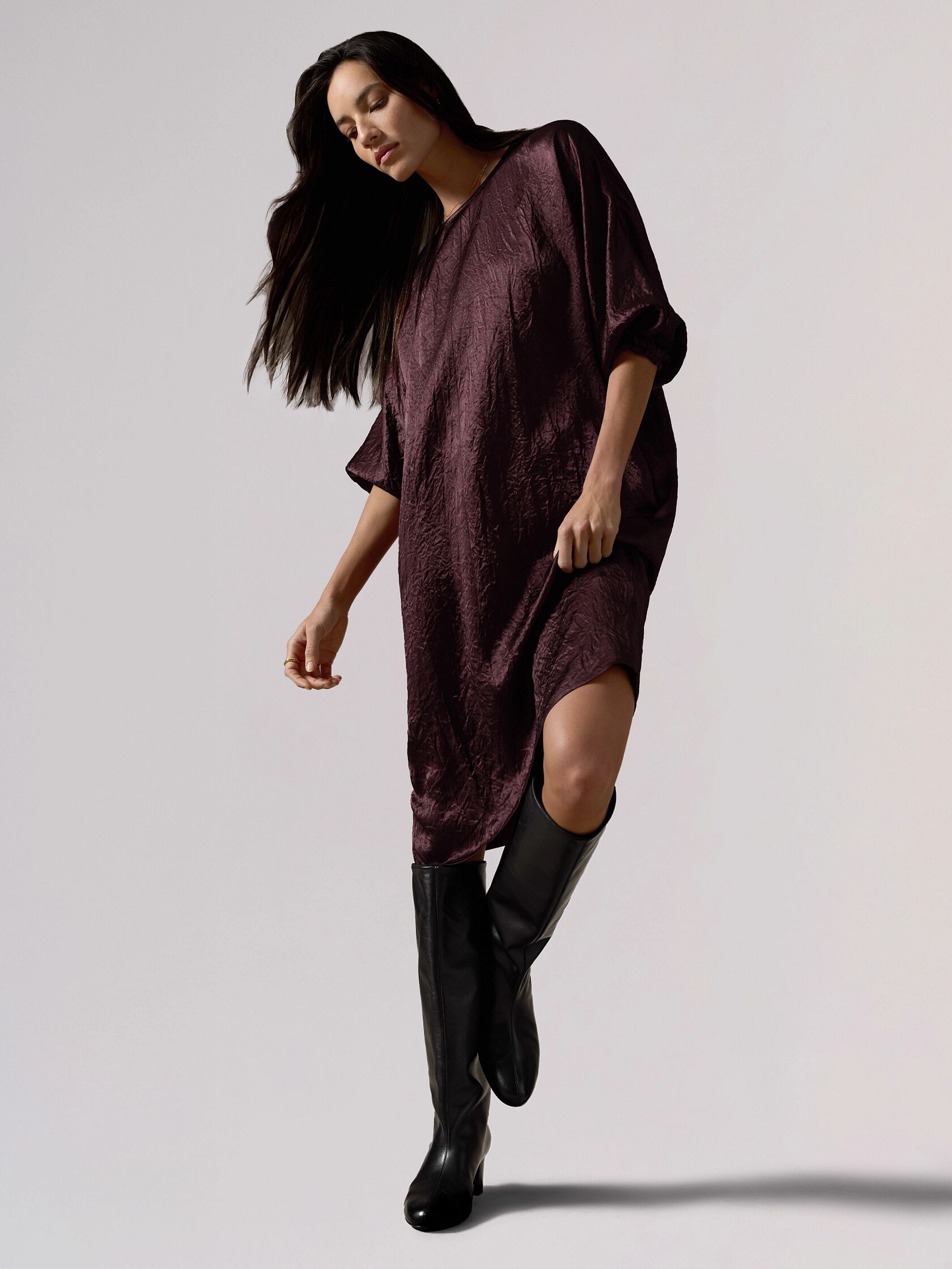 Crinkled Satin Round Neck Dolman-Sleeve Dress
