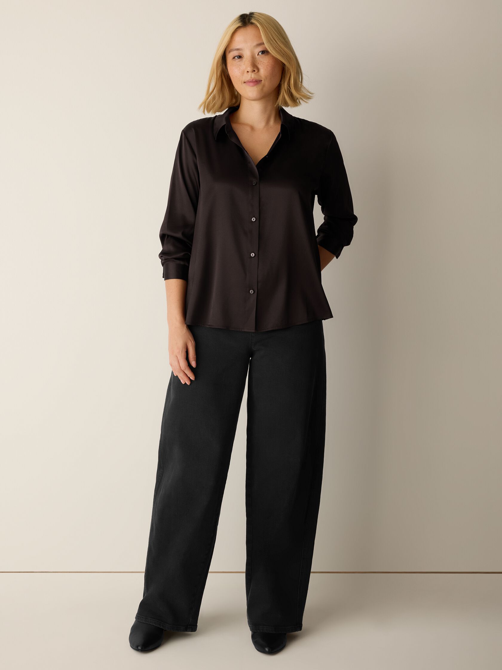 Stretch Silk Charmeuse Classic Collar Shirt