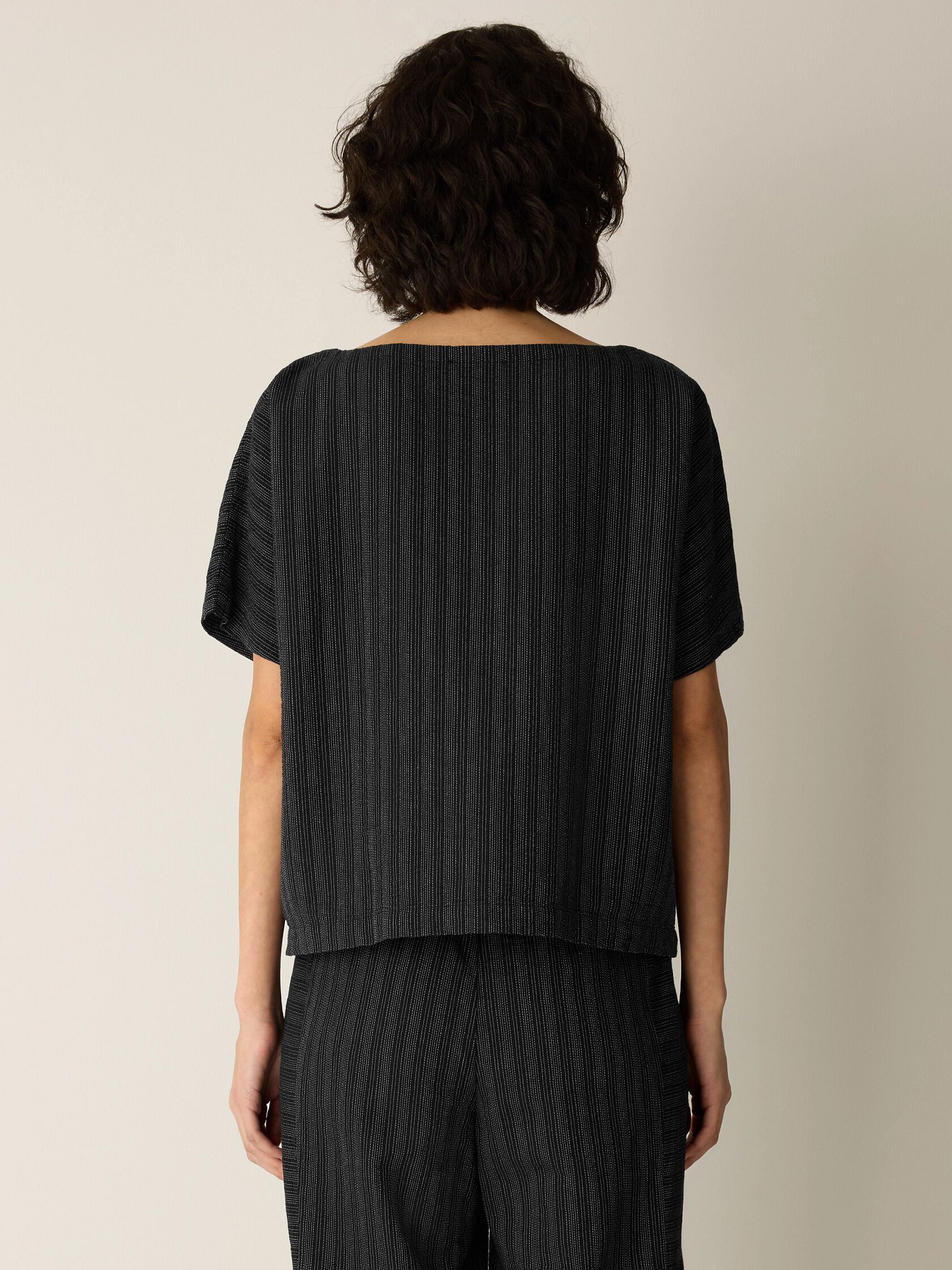 Cotton Blend Stripe Stitch Bateau Neck Top