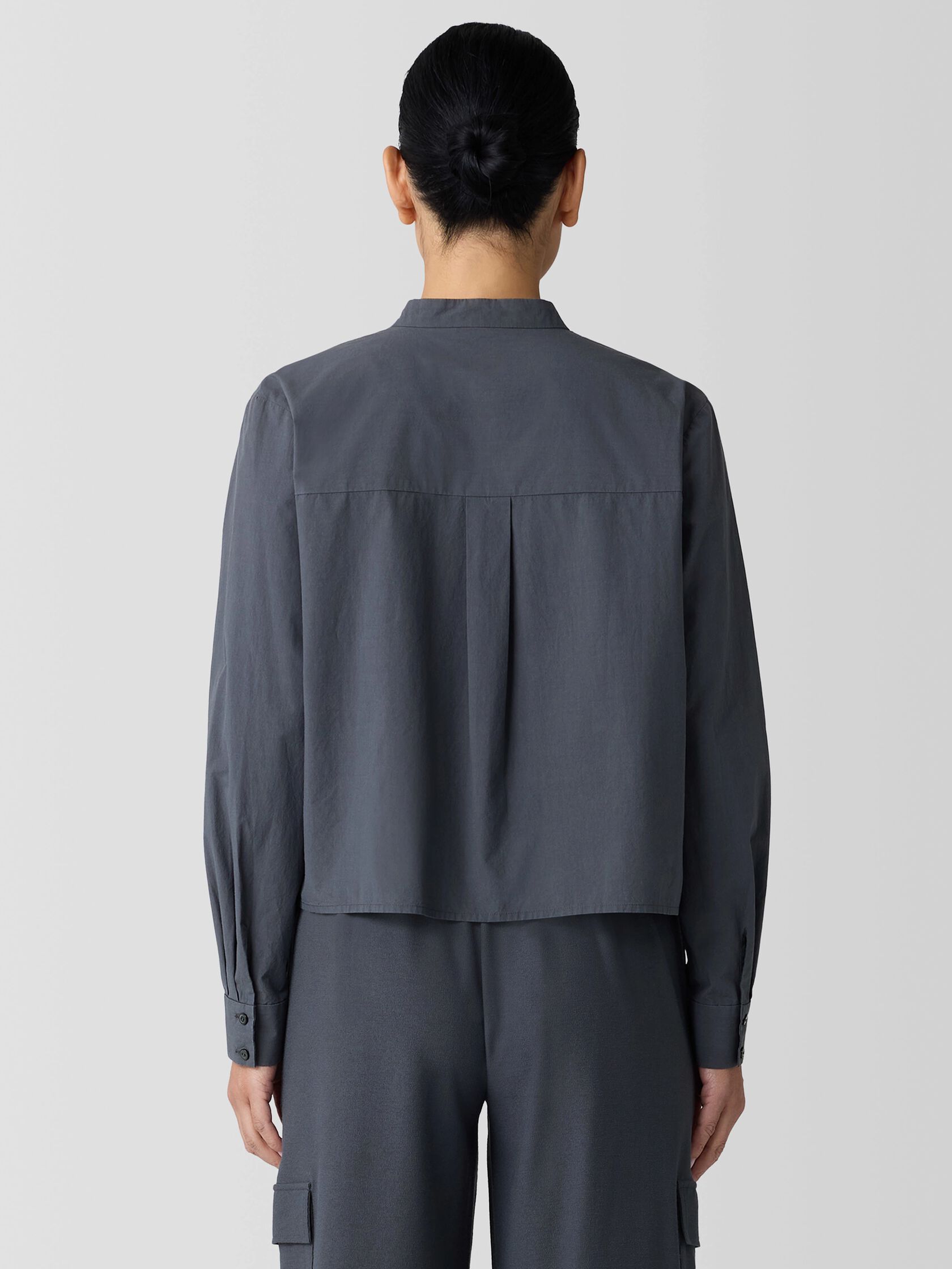 Washed Organic Cotton Poplin Band Collar Short Shirt