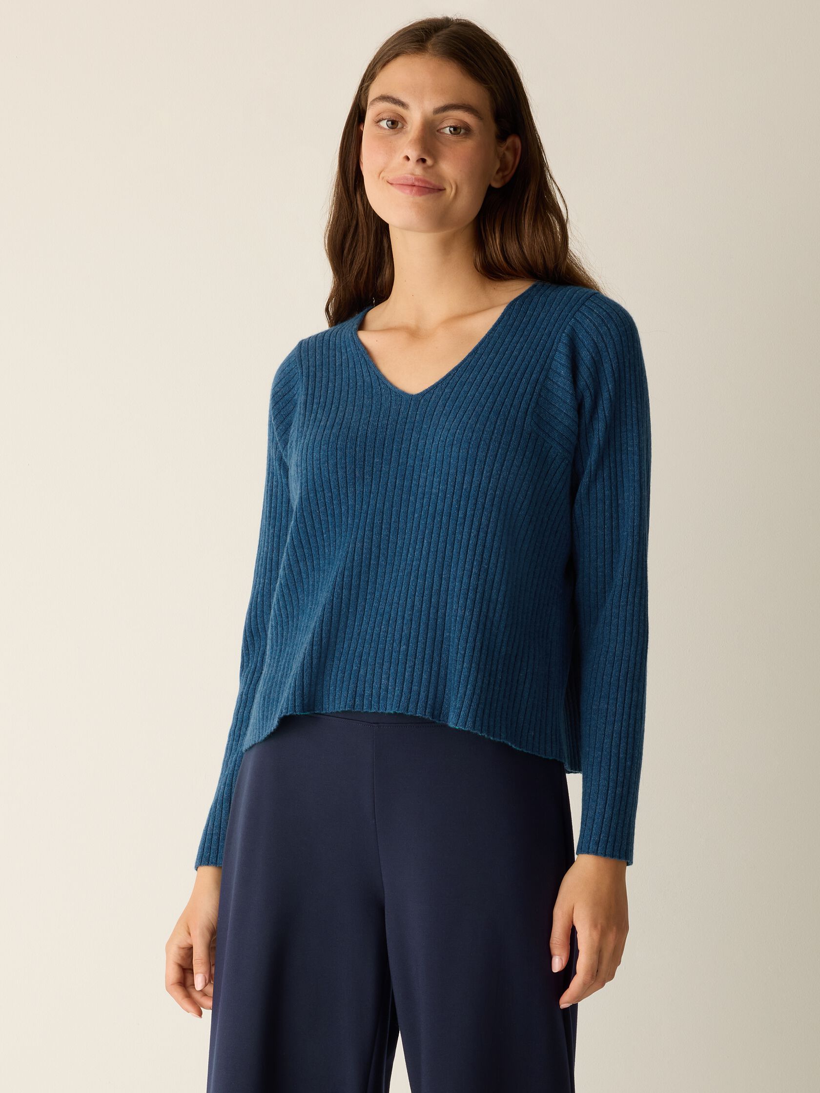 Italian Cashmere Ribbed V-Neck Top