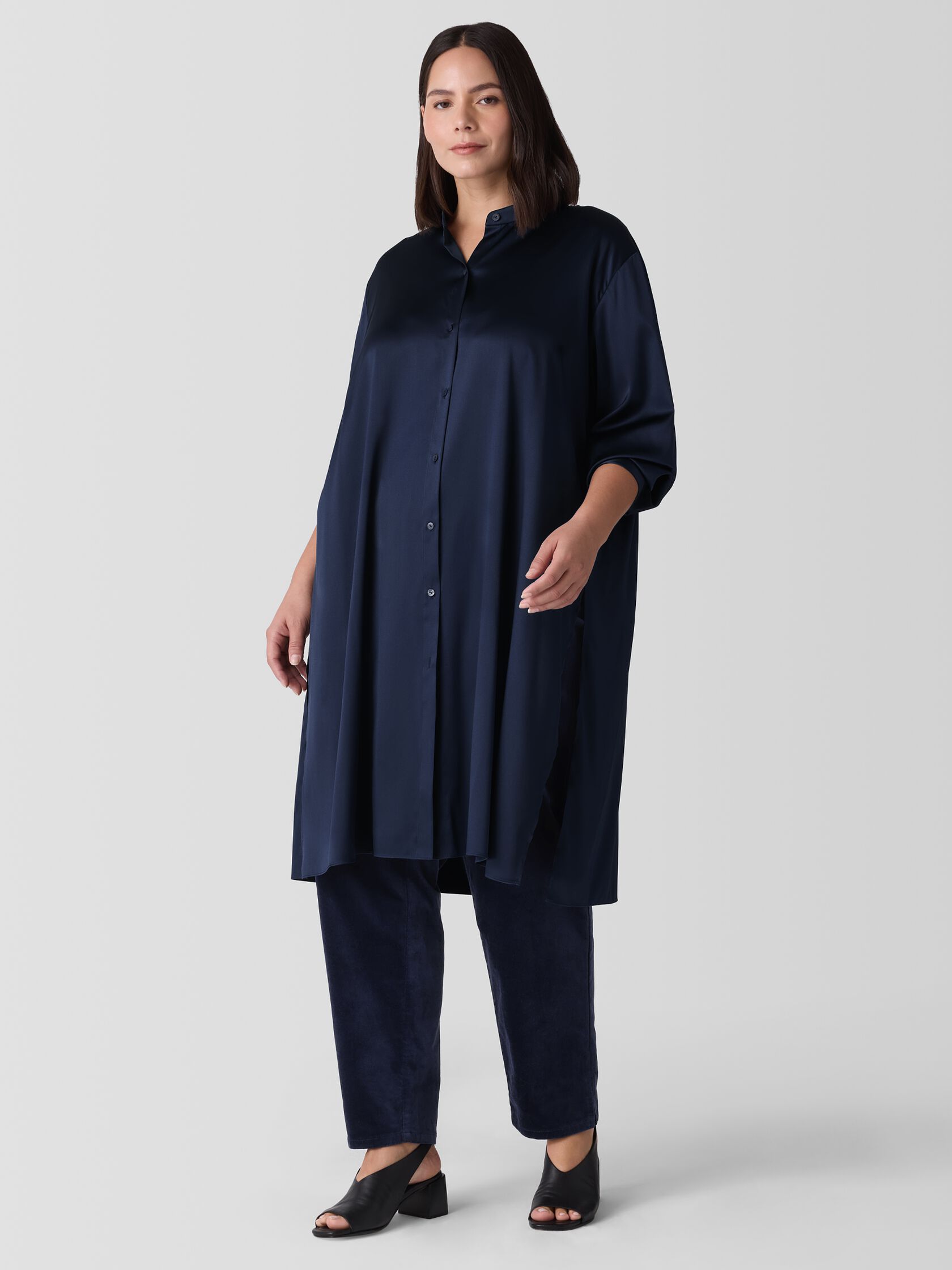 Stretch Silk Charmeuse Band Collar Long Shirt
