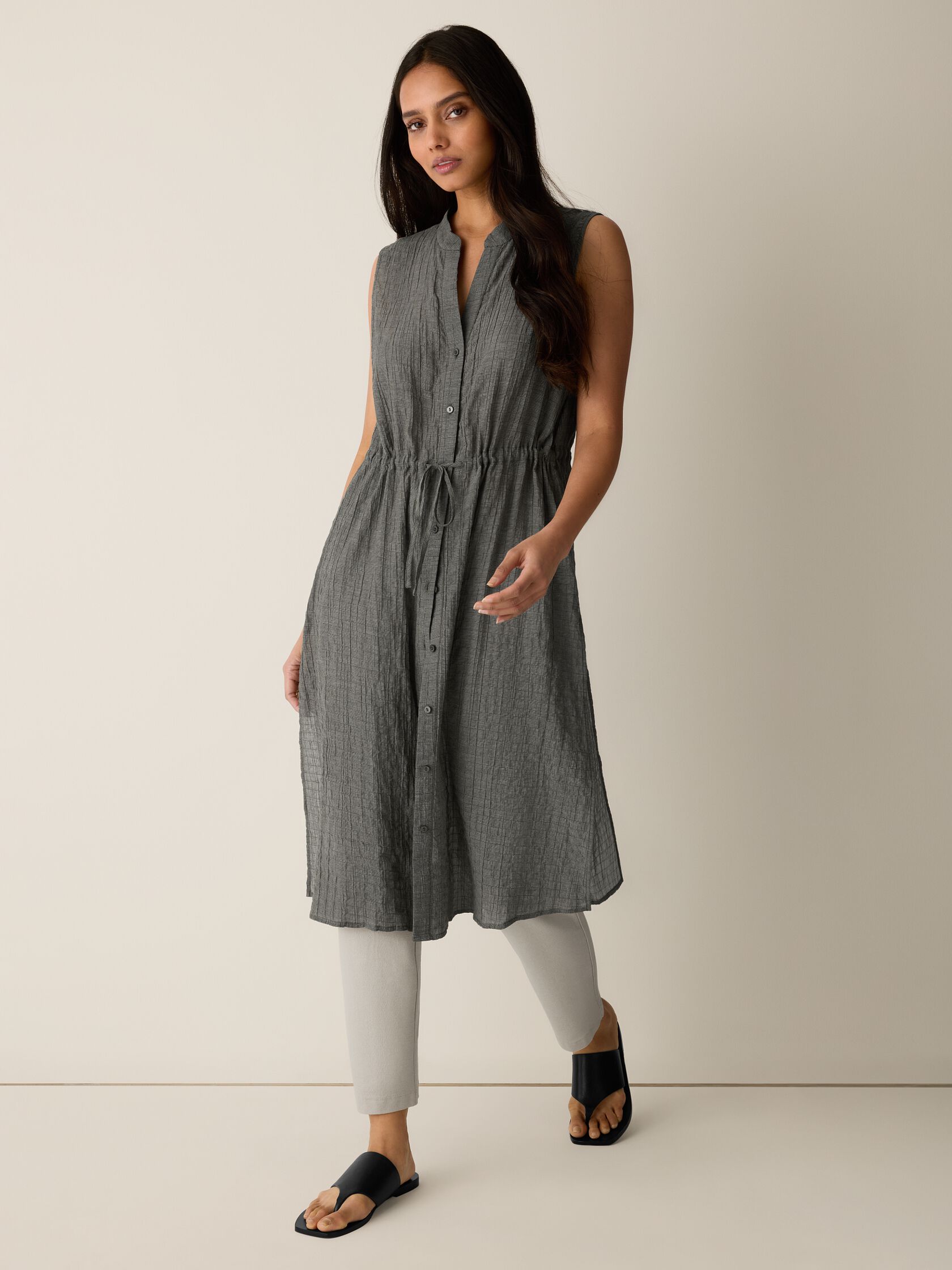 Organic Cotton Microstripe Pucker Band Collar Shirt
