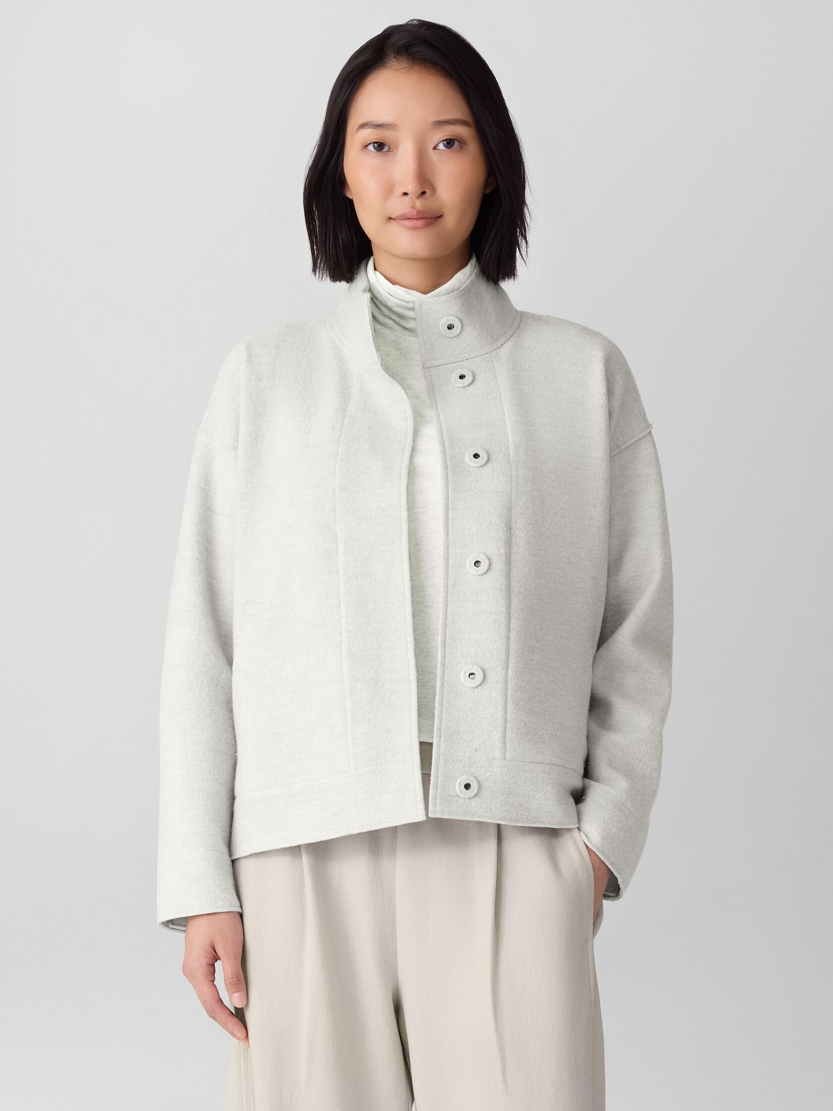 Lightweight Boiled Wool Stand Collar Jacket in Regenerative Wool