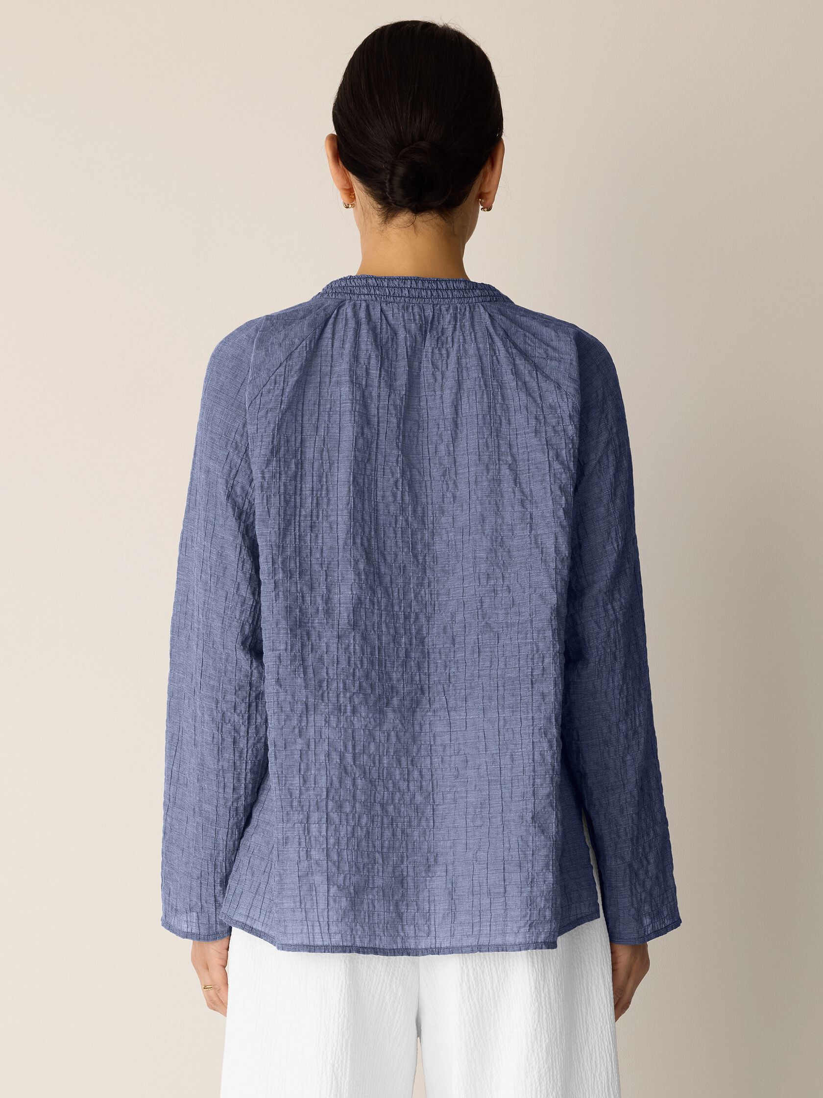 Organic Cotton Microstripe Pucker Split Collar Top