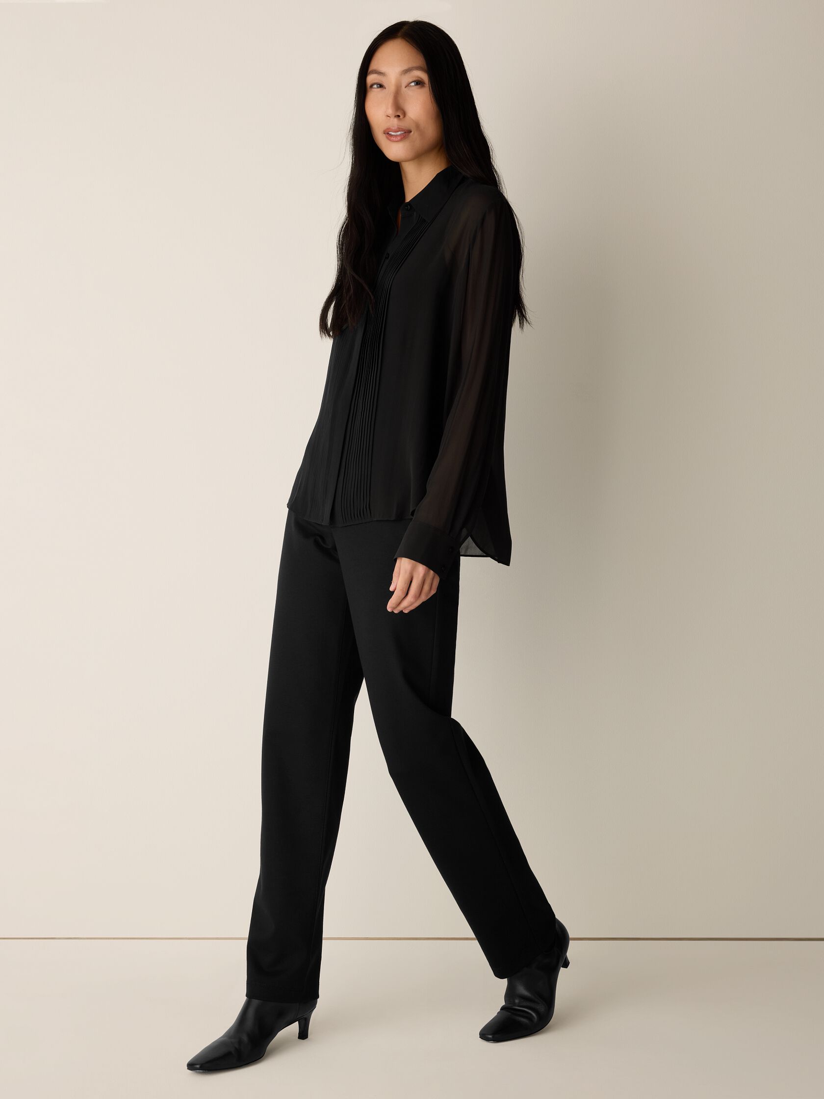 Sheer Silk Georgette Classic Collar Pintuck Shirt