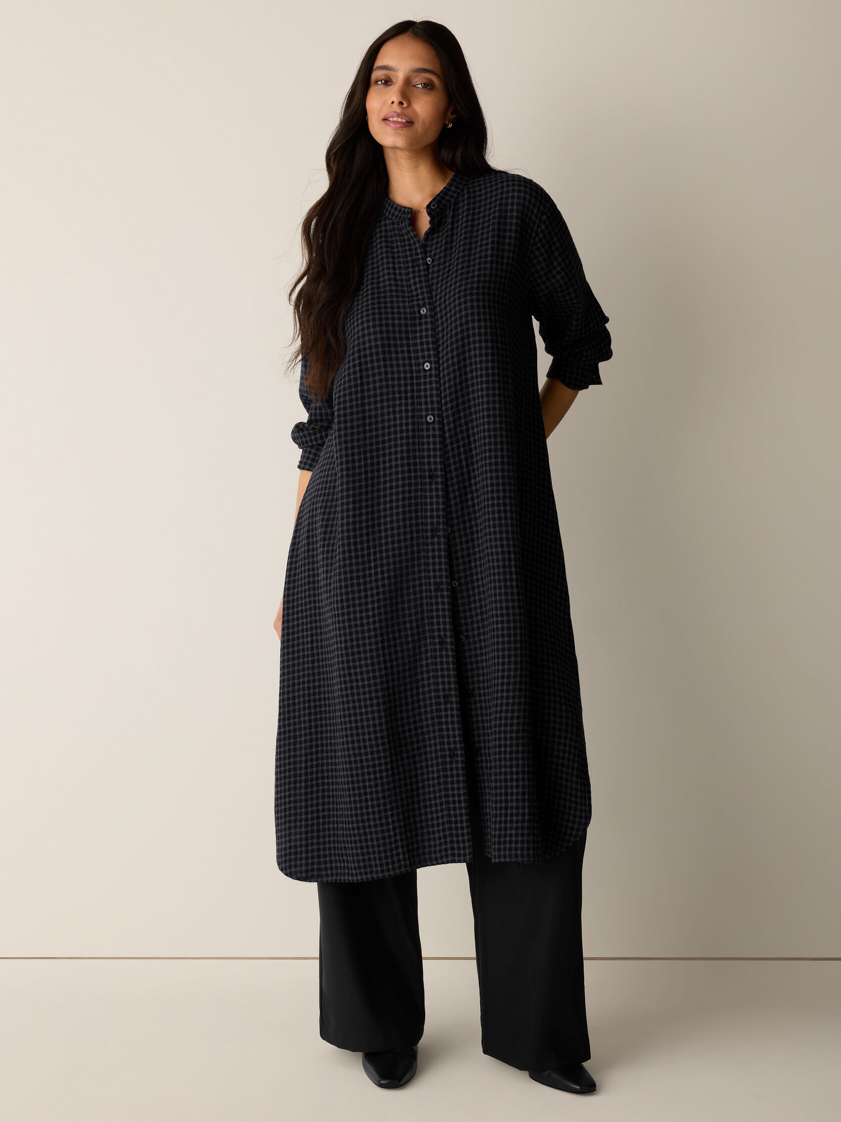 Wool Cotton Check Band Collar Shirtdress