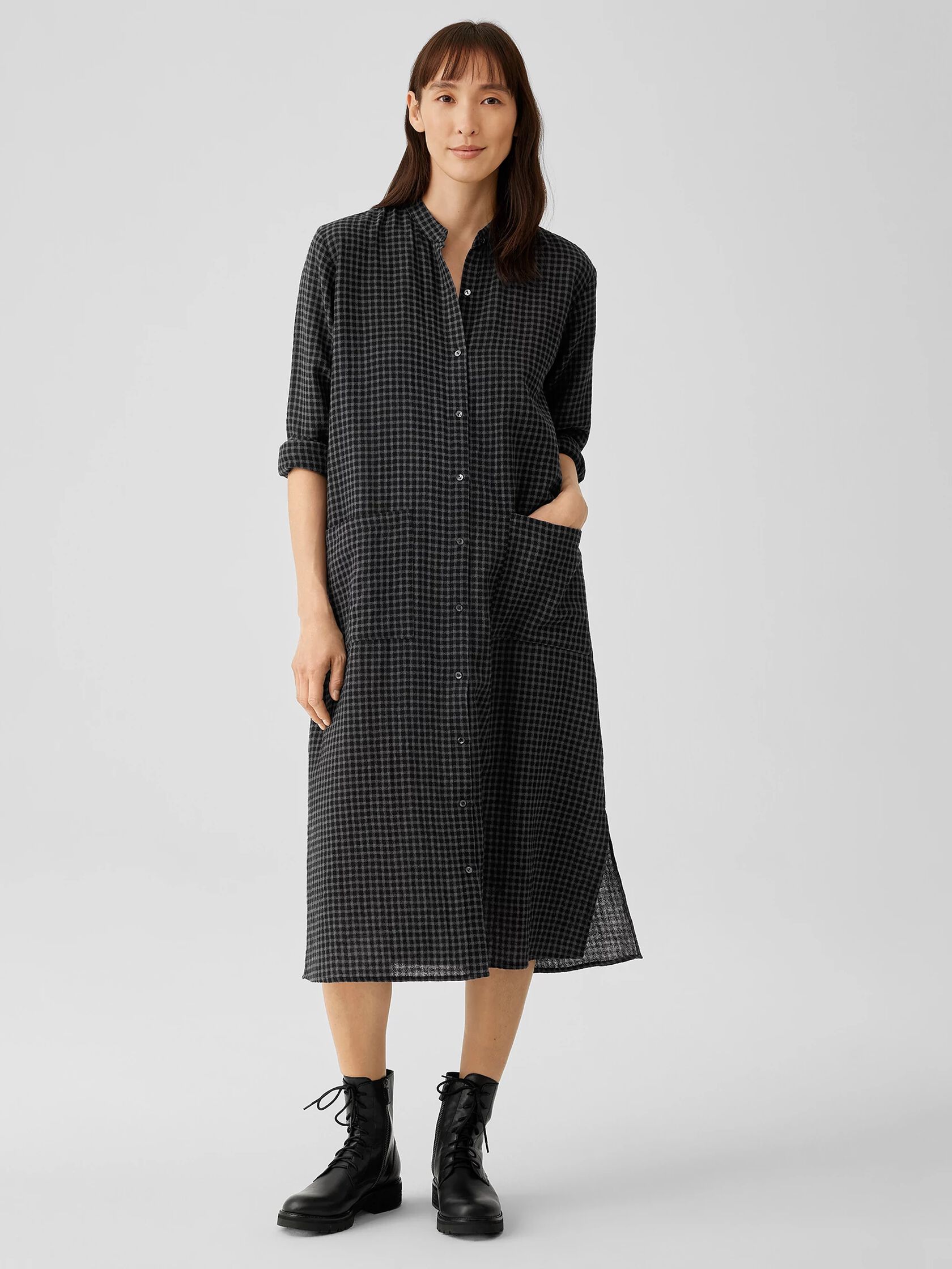 Wool Cotton Check Mandarin Collar Shirtdress