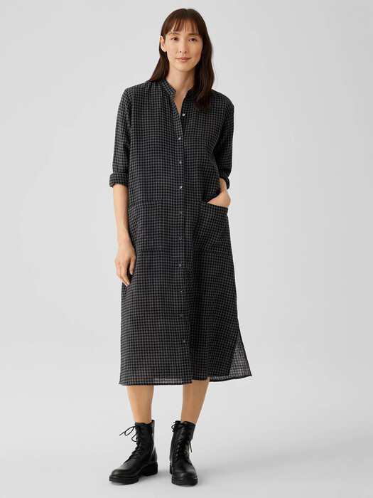 Wool Cotton Check Mandarin Collar Shirtdress | EILEEN FISHER Wool Cotton Check Mandarin Collar Shirtdress | EILEEN FISHER