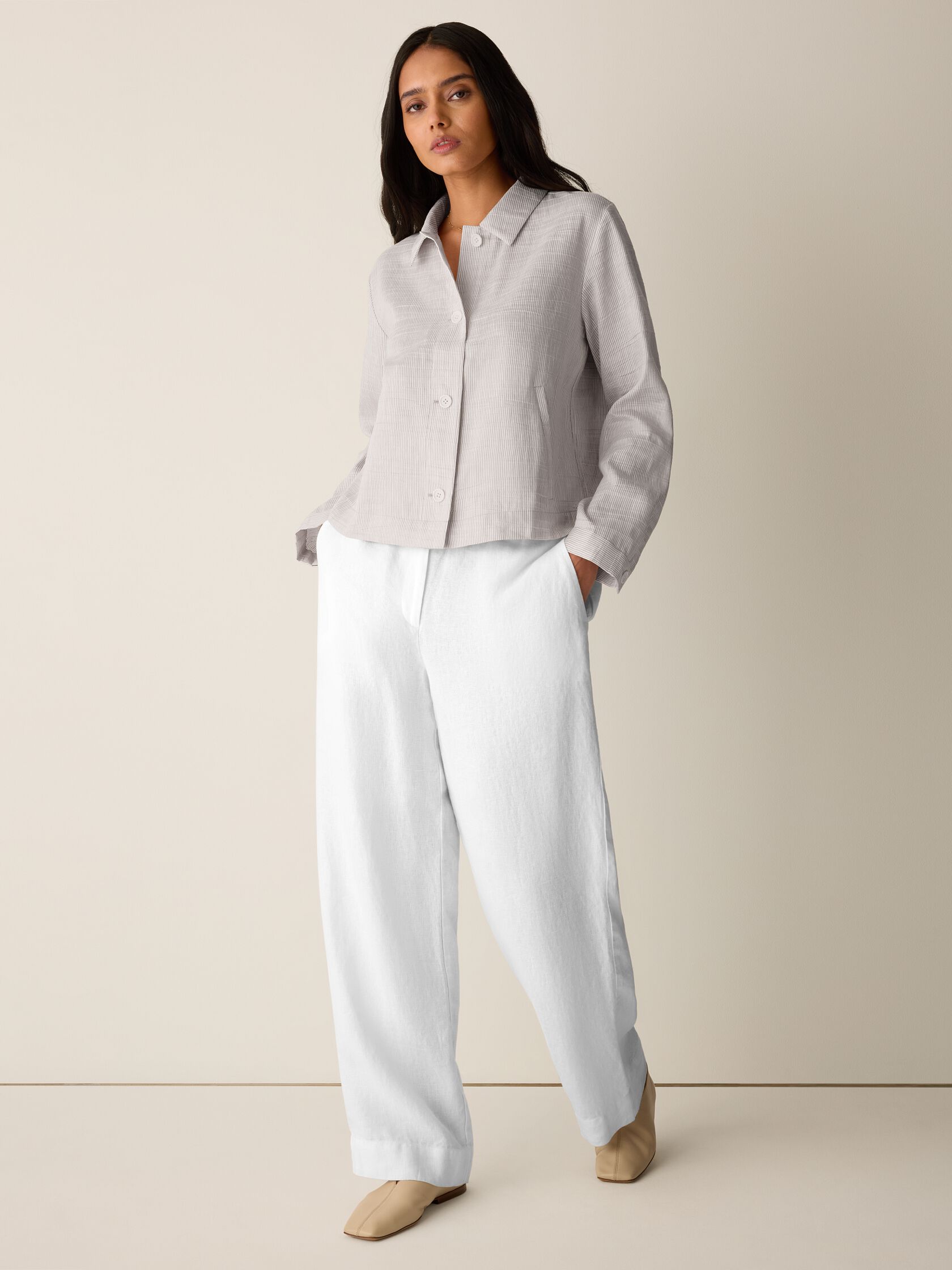 Striped Linen Nylon Sheen Classic Collar Jacket