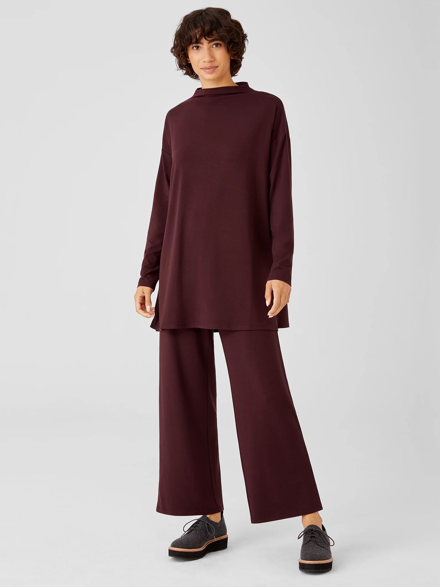 Stretch Jersey Knit Funnel Neck Long Top