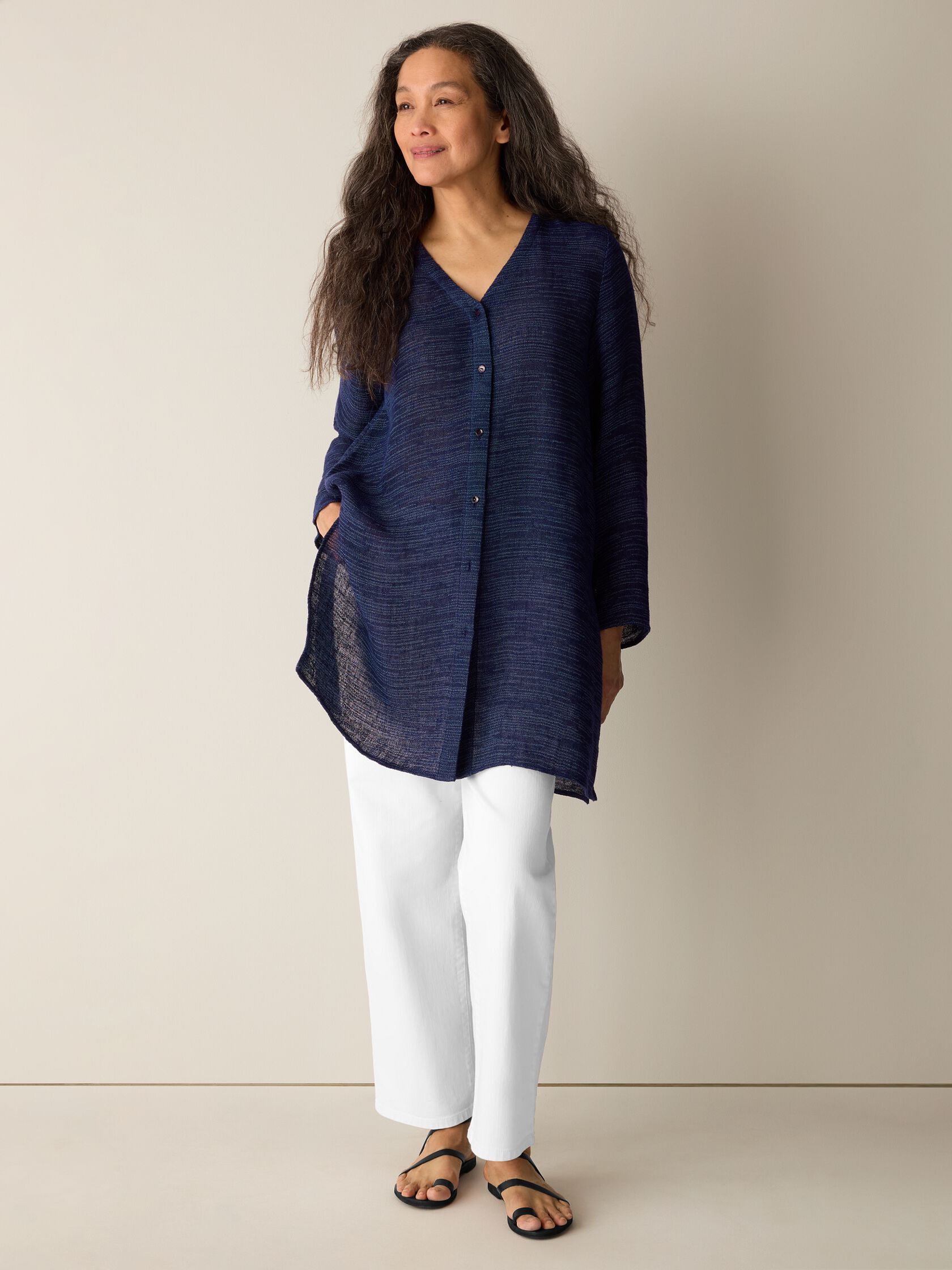 Linen Gauze Strata V-Neck Long Top