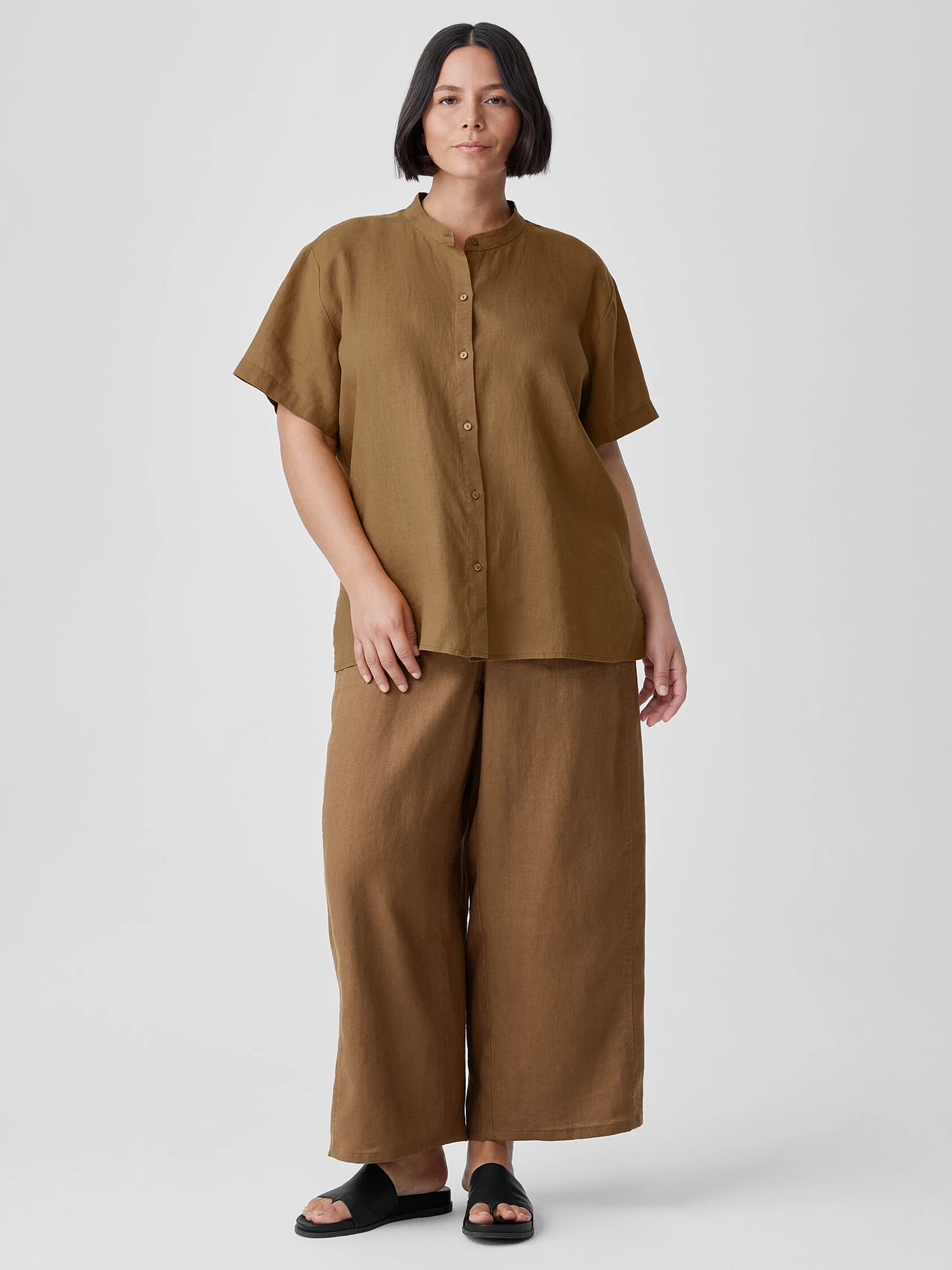 Organic Handkerchief Linen Band Collar Short-Sleeve Shirt