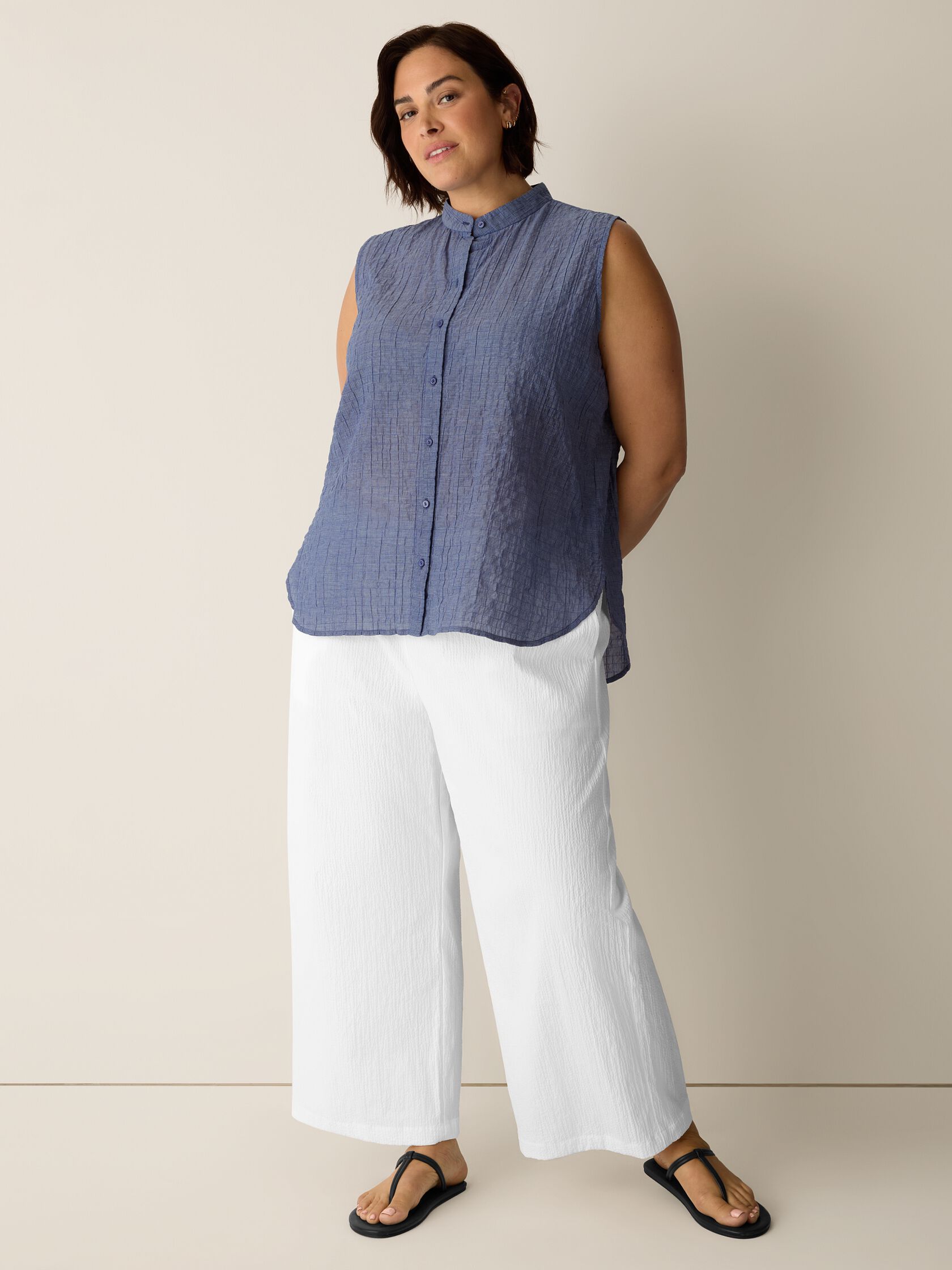 Organic Cotton Microstripe Pucker Sleeveless Shirt