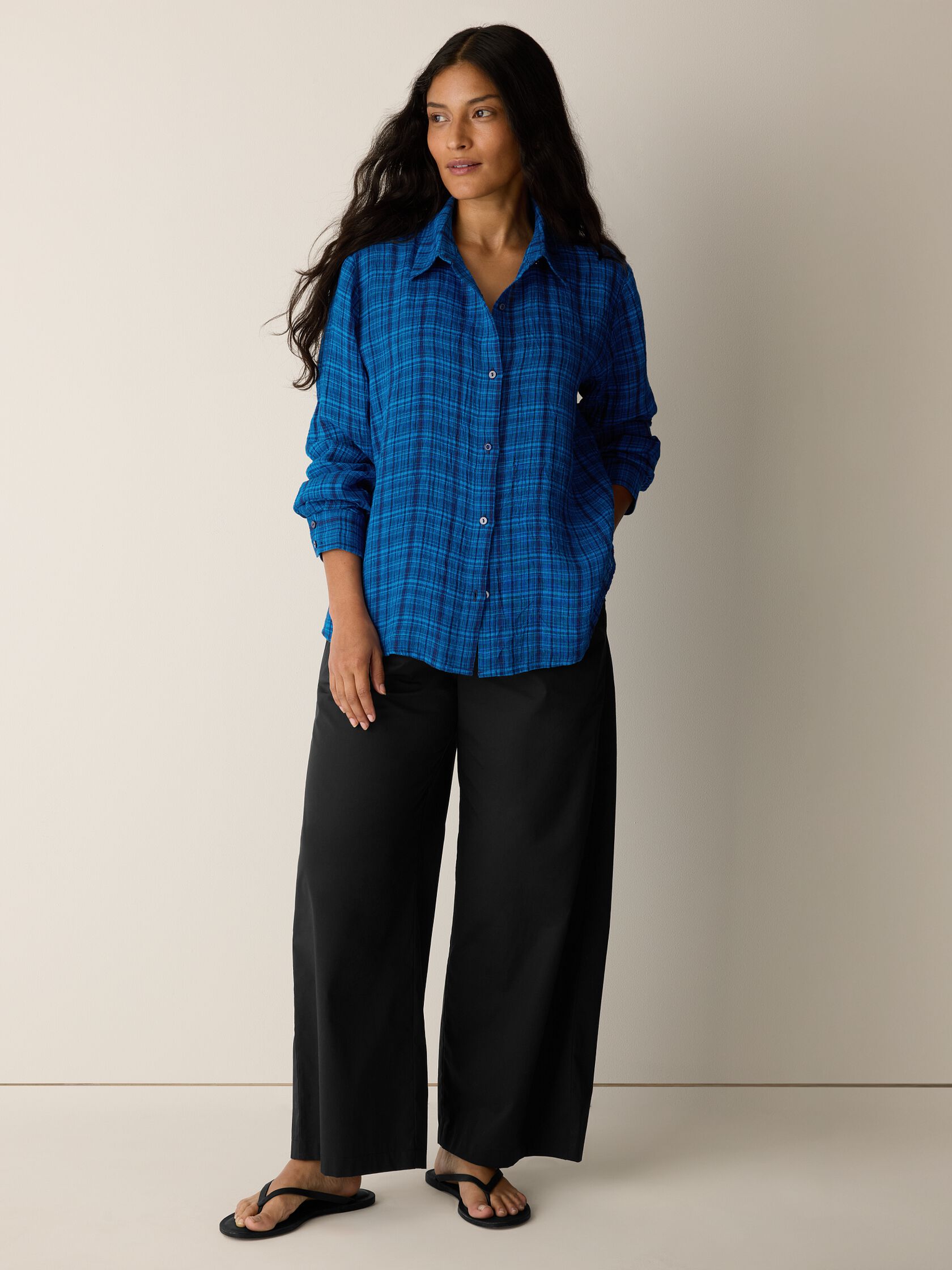 Puckered Organic Linen Plaid Classic Collar Shirt