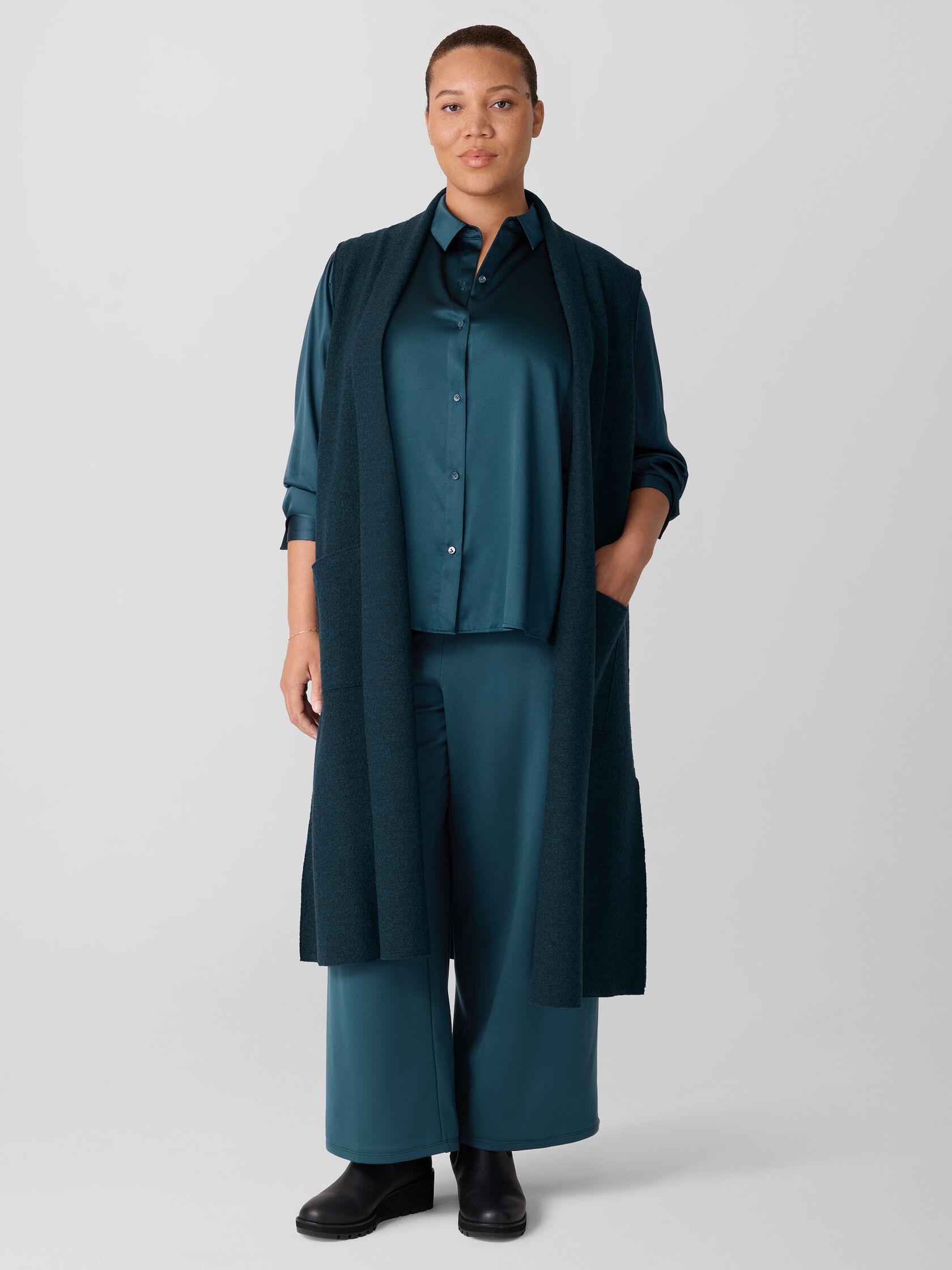 Lightweight Boiled Wool Shawl Collar Vest in Regenerative Wool