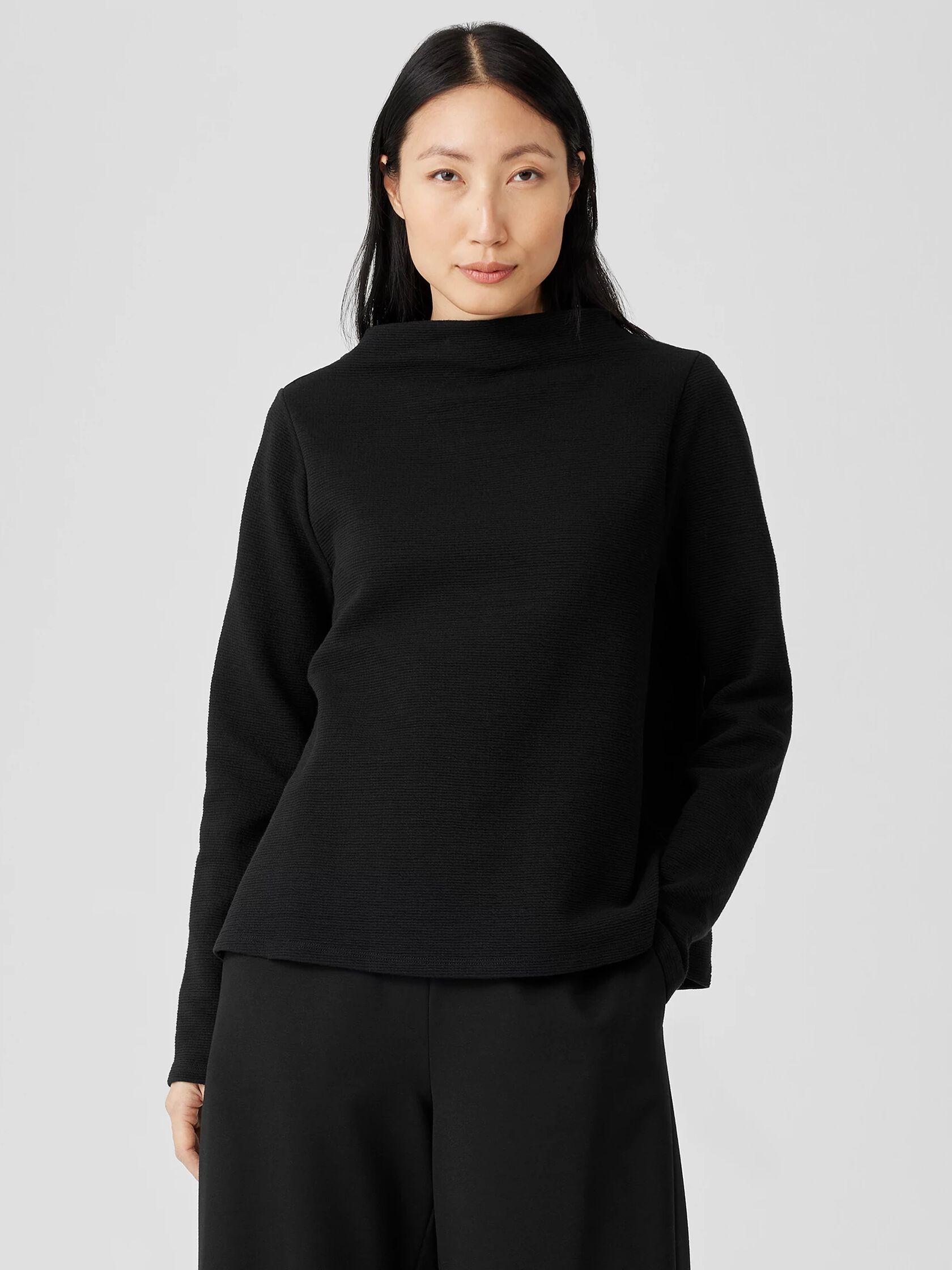 Organic Cotton Crinkled Knit Funnel Neck Top
