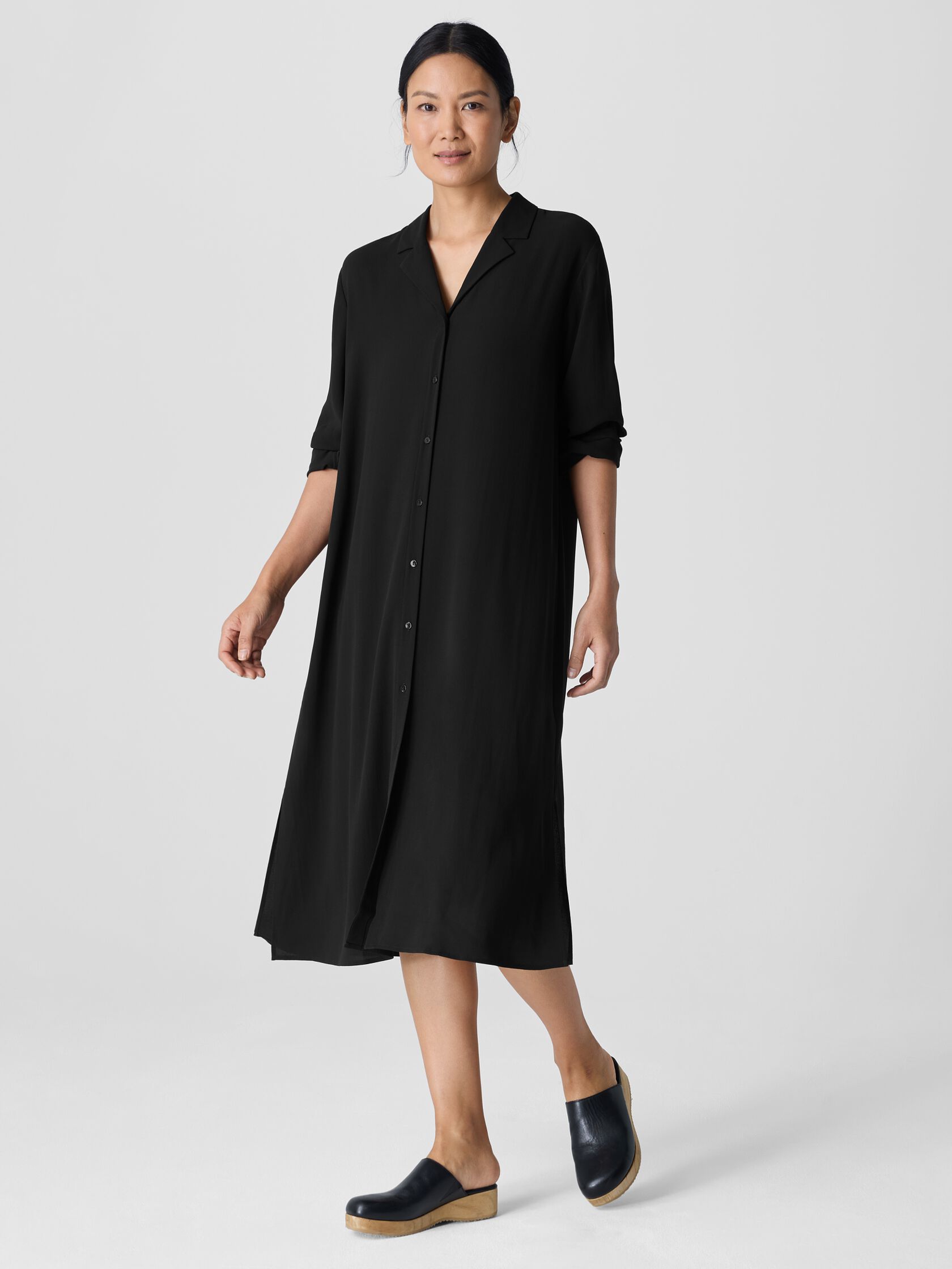 Silk Georgette Crepe Notch Collar Shirtdress