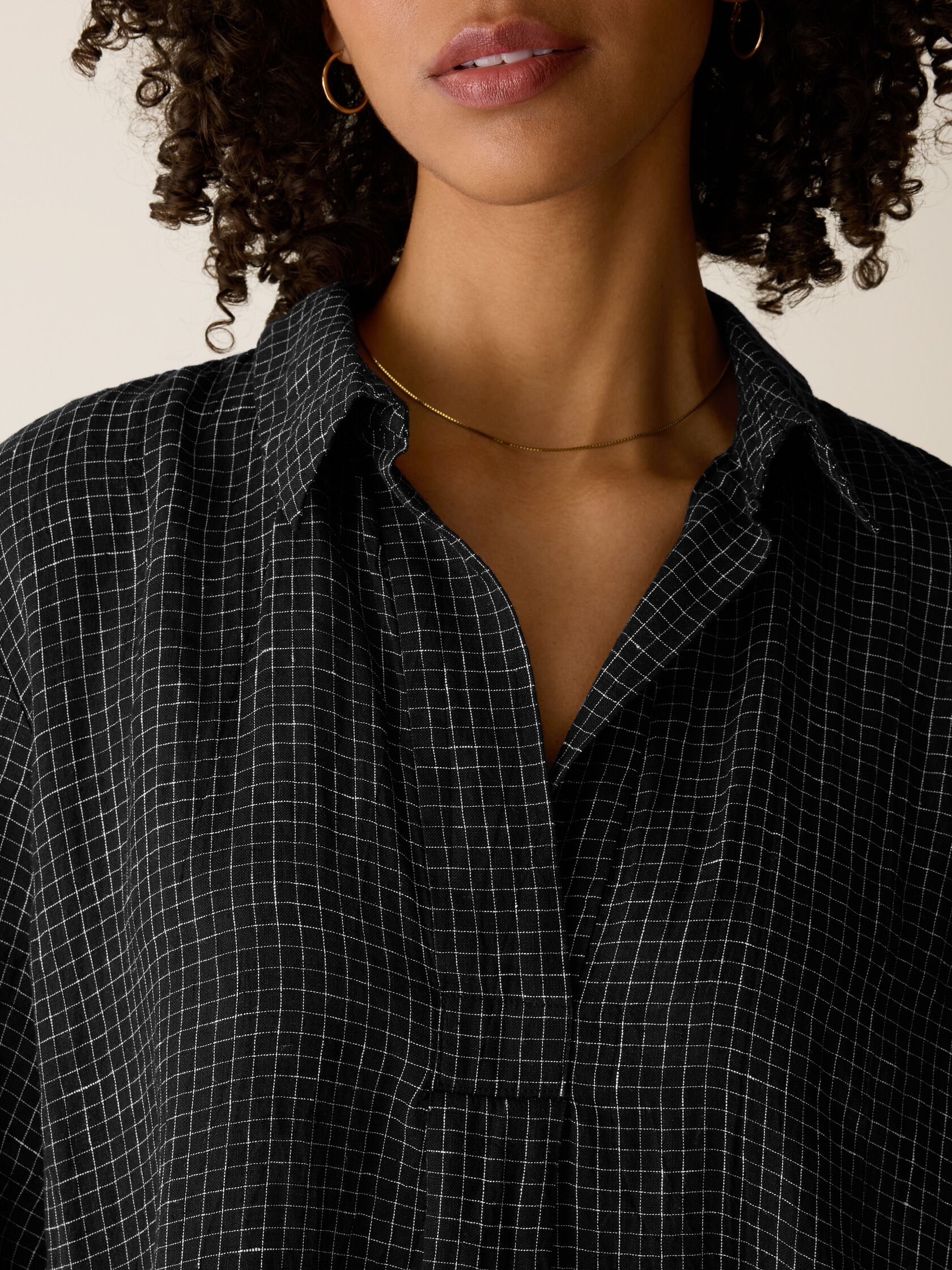 Puckered Organic Linen Grid Classic Collar Dress