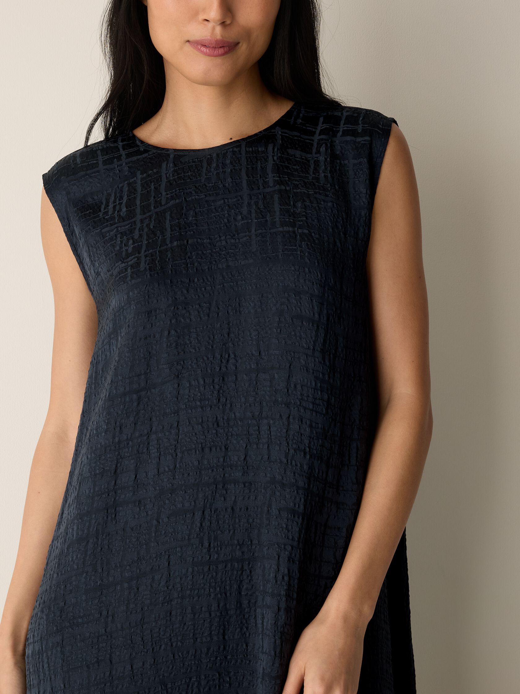 Dimensional Silk Jacquard Round Neck Dress