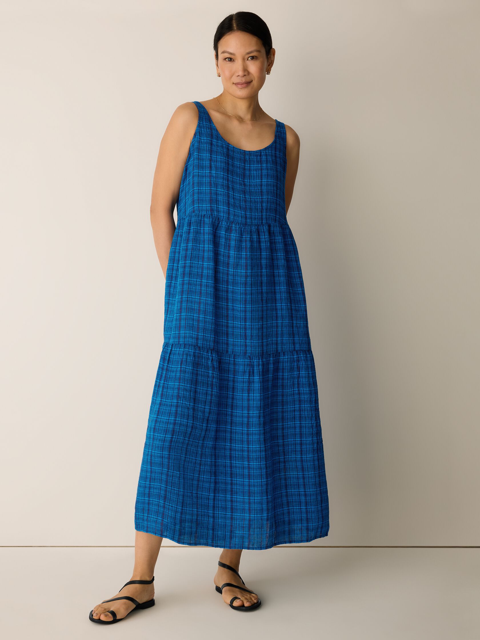 Puckered Organic Linen Plaid Tiered Dress